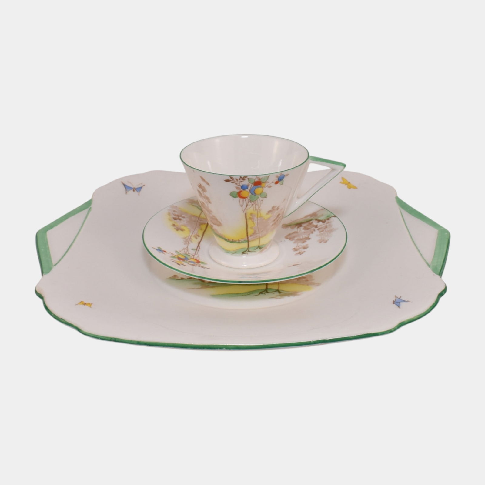 Shelley Queen Anne 1930s English Porcelain "Balloon Tree" Cup Saucer Cake Plate: Shelley Queen Anne 1930s English Porcelain "Balloon Tree" Cup Saucer Cake Plate Delicately whimsical and softly colored, this Shelley breakfast set features the charming â€œBalloon Treesâ&euro