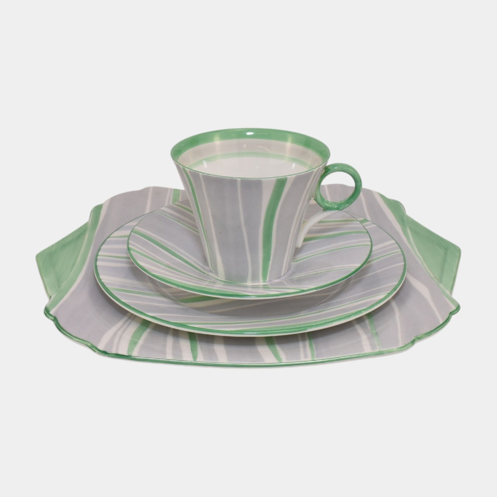 Shelley 1930 English Regent Green Pyjama Stripe Art Deco Cup & Saucer And Plates: Shelley 1930 English Regent Green Pyjama Stripe Art Deco Cup & Saucer And Plates Softly modern and wonderfully fluid, this Shelley set features swirling green and gray marbled drip-stripes across angu
