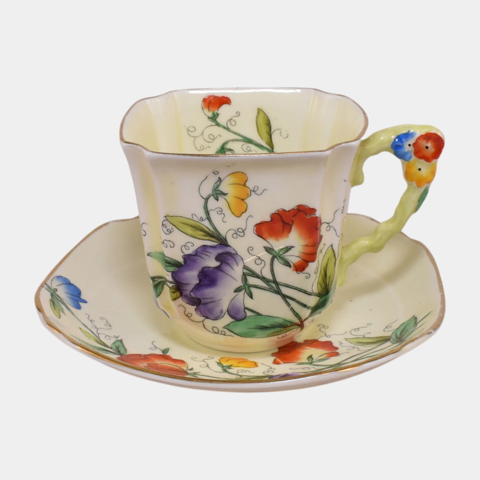 Royal Stafford 1930s English Bone Chine Floral Cup & Saucer Flower Handle (1 of 7)
