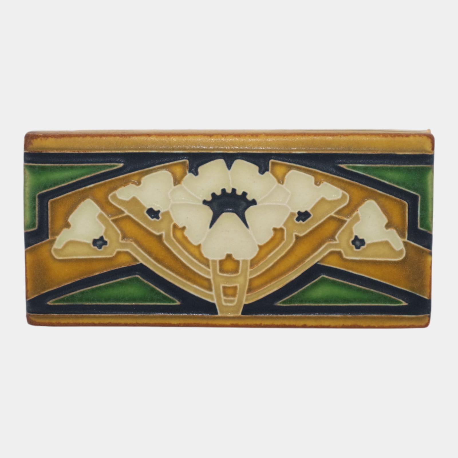 Motawi Tileworks Hand Made Art Pottery Matte Yellow White Poppy Border Tile (1 of 3)