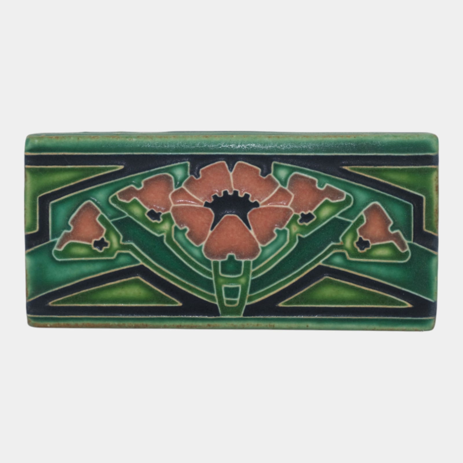 Motawi Tileworks Hand Made Art Pottery Matte Green Pink Poppy Border Tile: Motawi Tileworks Hand Made Art Pottery Matte Green Pink Poppy Border Tile Richly glazed Motawi tile featuring stylized poppies in bold coral, green, and black, showcasing strong Arts & Crafts geometri