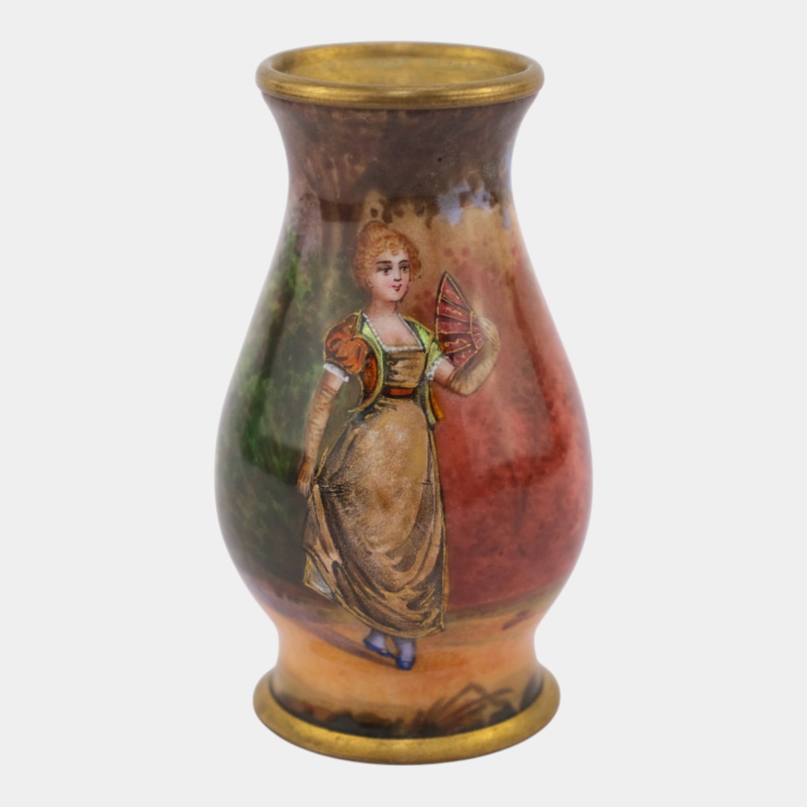 French Limoges 1900s Enamel On Copper Scenic Figural Portrait Vase Artist Signed: French Limoges 1900s Enamel On Copper Scenic Figural Portrait Vase Artist Signed Warmly glowing Limoges enamel on copper vase featuring a finely detailed 18th-century lady with fan, set against rich a