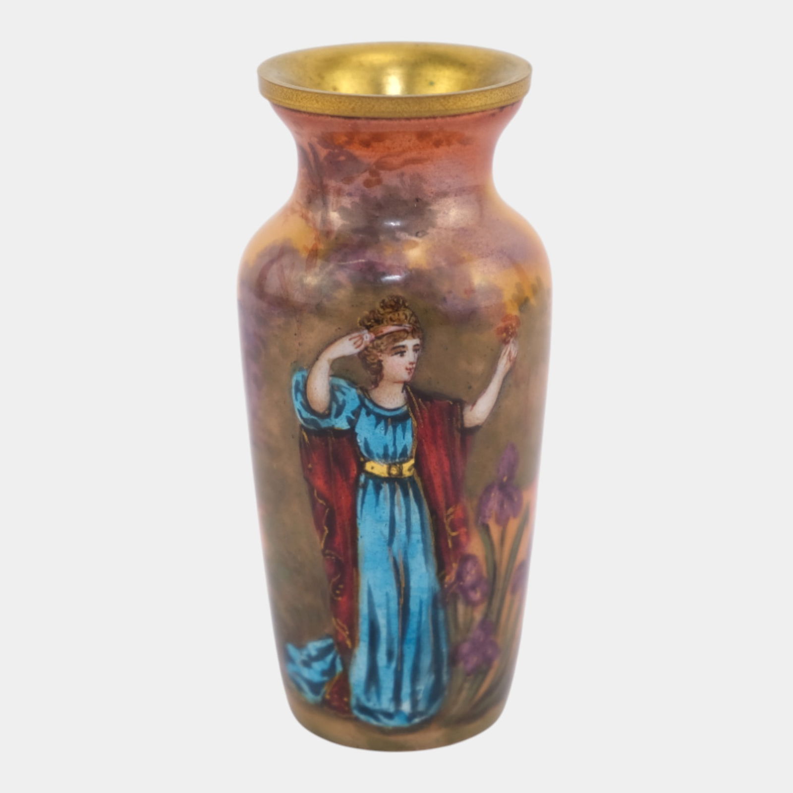 French Limoges 1900s Enamel On Copper Scenic Figural Portrait Vase Signed Vilert: French Limoges 1900s Enamel On Copper Scenic Figural Portrait Vase Signed Vilert Softly luminous Limoges enamel on copper vase portraying an elegant classical maiden in rich robes, framed by delicate