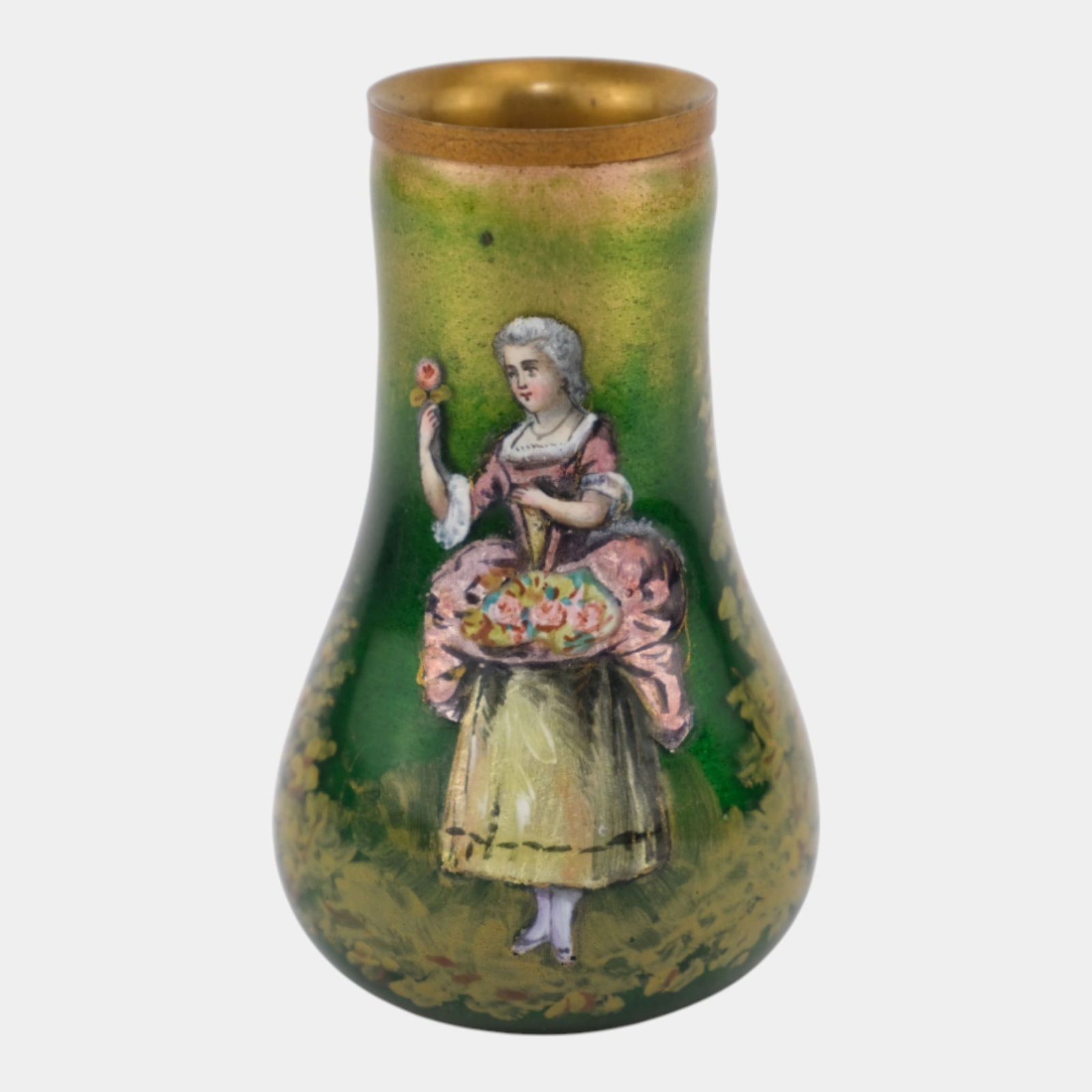 French Limoges 1900s Enamel On Copper Decorated Green Figural Portrait Vase: French Limoges 1900s Enamel On Copper Decorated Green Figural Portrait Vase Radiantly enameled Limoges enamel on copper vase with a graceful 18th-century flower girl, set against lush green and gold t