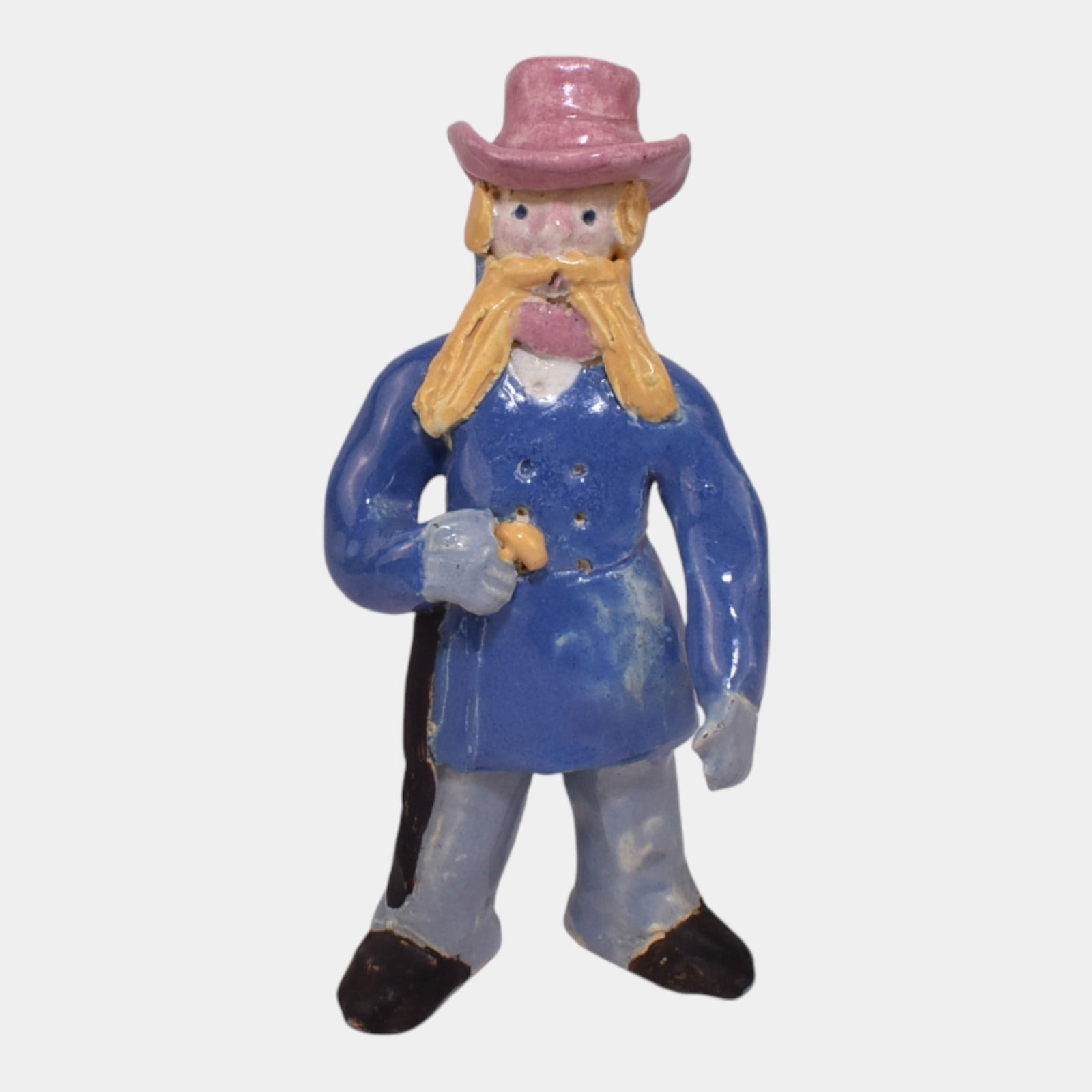 Overbeck 1911-1955 Folk Art Pottery Hand Crafted Bearded Gentleman Figurine: Overbeck 1911-1955 Folk Art Pottery Hand Crafted Bearded Gentleman Figurine Whimsically hand-modeled Overbeck figurine of a long-bearded gentleman in bright attire, featuring playful proportions, live