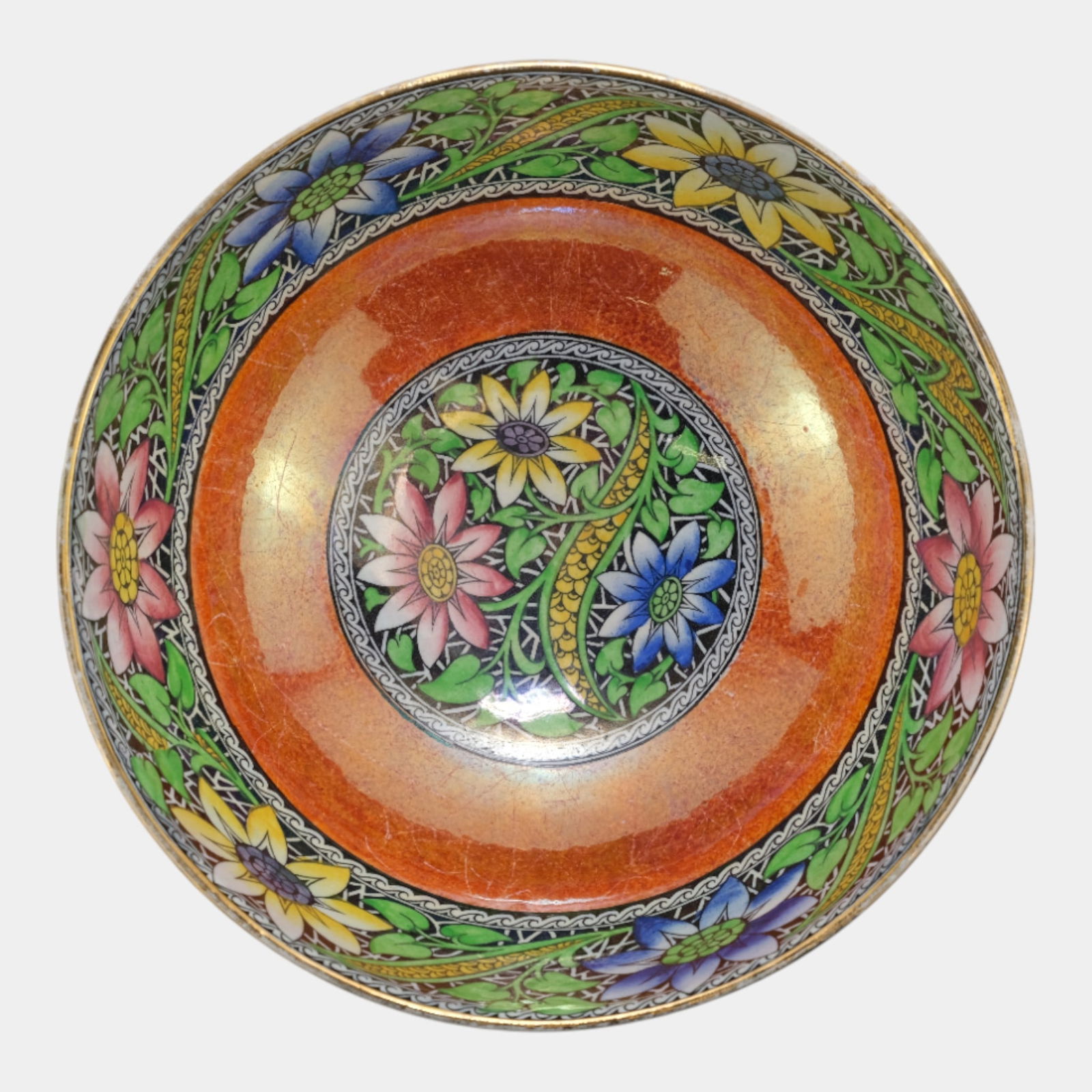 Maling Newcastle On Tyne English Art Deco Orange Porcelain Floral Luster Bowl (1 of 7)