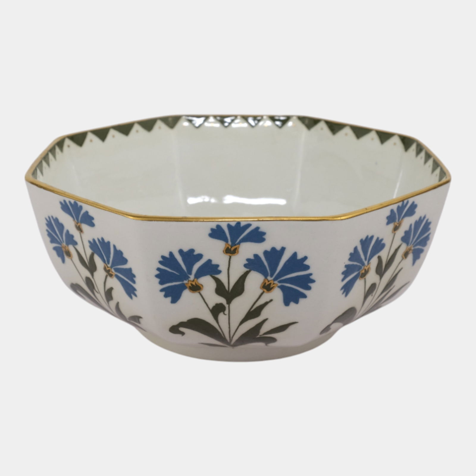 Frederick Rhead For Wood & Sons English Art Pottery Floral Octagonal Bowl: Frederick Rhead For Wood & Sons English Art Pottery Floral Octagonal Bowl Striking Wood & Sons octagonal bowl designed by Frederick Rhead, featuring stylized blue florals with green accents and gilt t