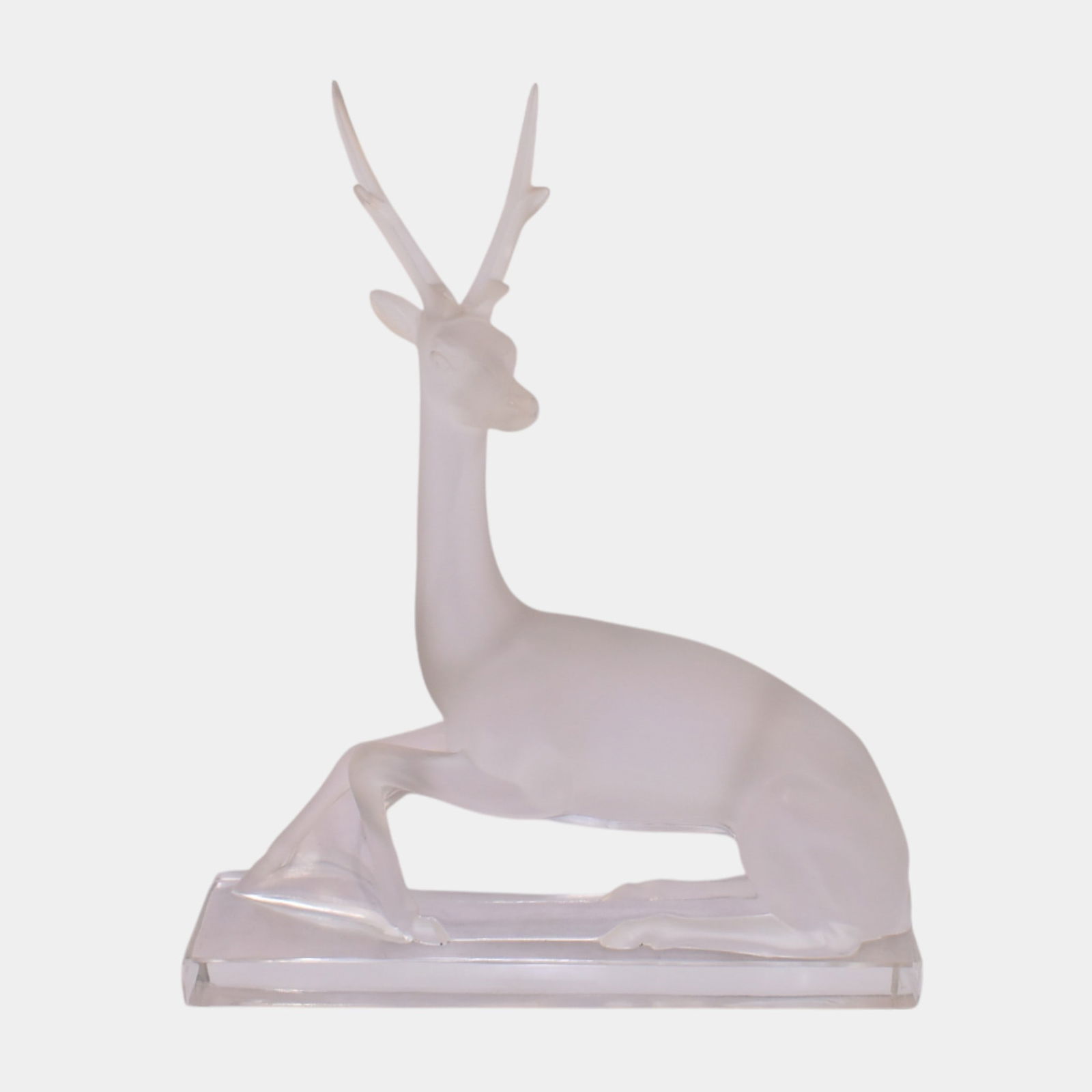 Lalique French Frosted Clear Crystal "Cerf" Reclining Stag Figurine Sculpture: Lalique French Frosted Clear Crystal "Cerf" Reclining Stag Figurine Sculpture Elegant Lalique frosted crystal deer figurine, beautifully modeled with sleek Art Deco lines and poised serenity. Set on a