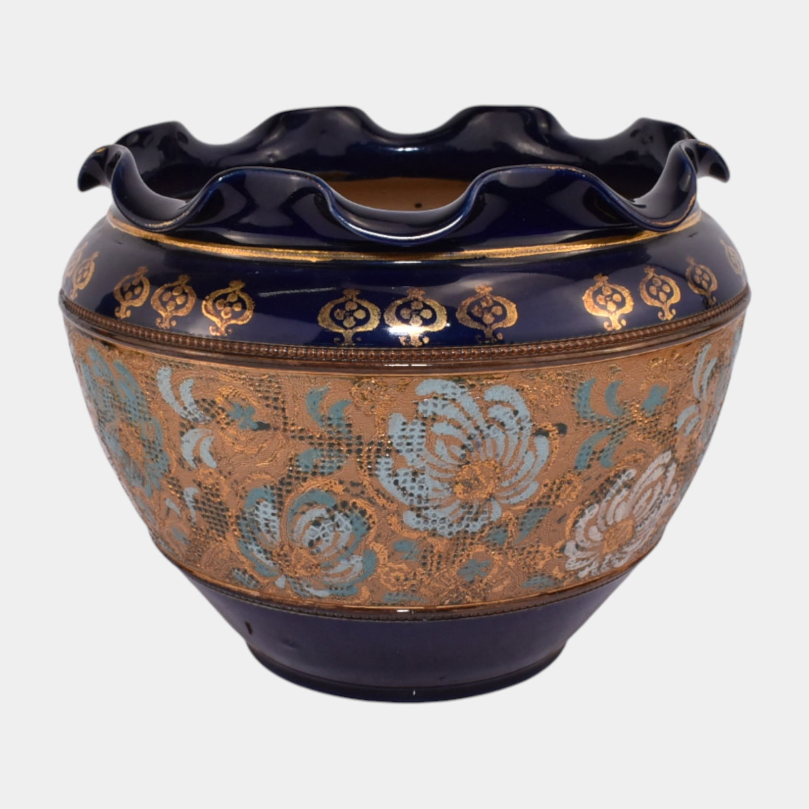 Royal Doulton 1920s English Art Pottery Blue Gold Floral Banded Jardiniere (1 of 3)