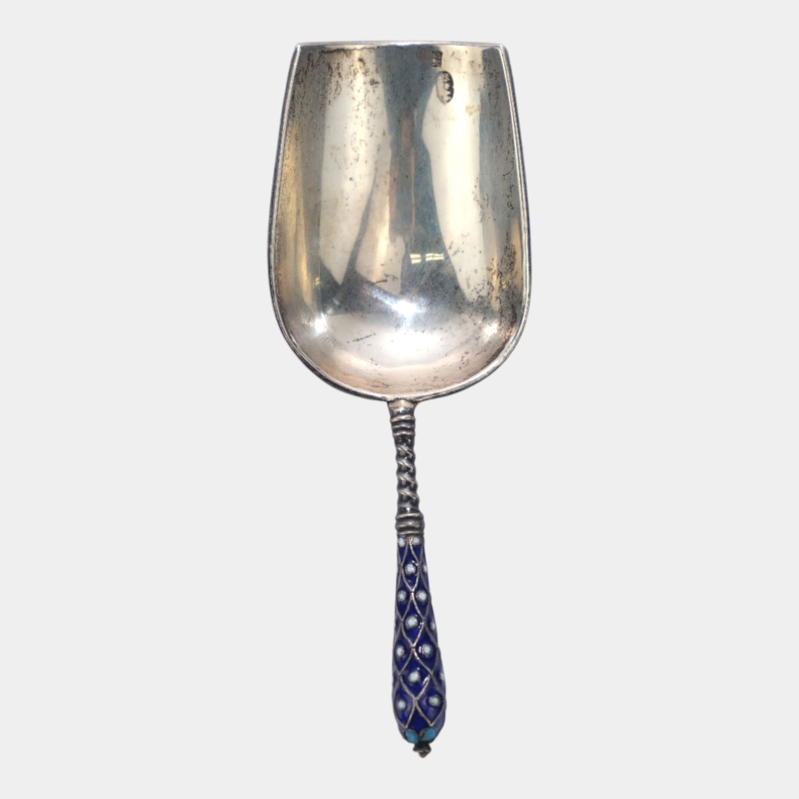 Gustav Klingert Late 19th C Russian Imperial 875 Silver Cloisonne Scoop Spoon: Gustav Klingert Late 19th C Russian Imperial 875 Silver Cloisonne Scoop Spoon Lavishly ornate and finely detailed, this Imperial-era Russian hand mirror features intricate cloisonnÃ© enamel foliate