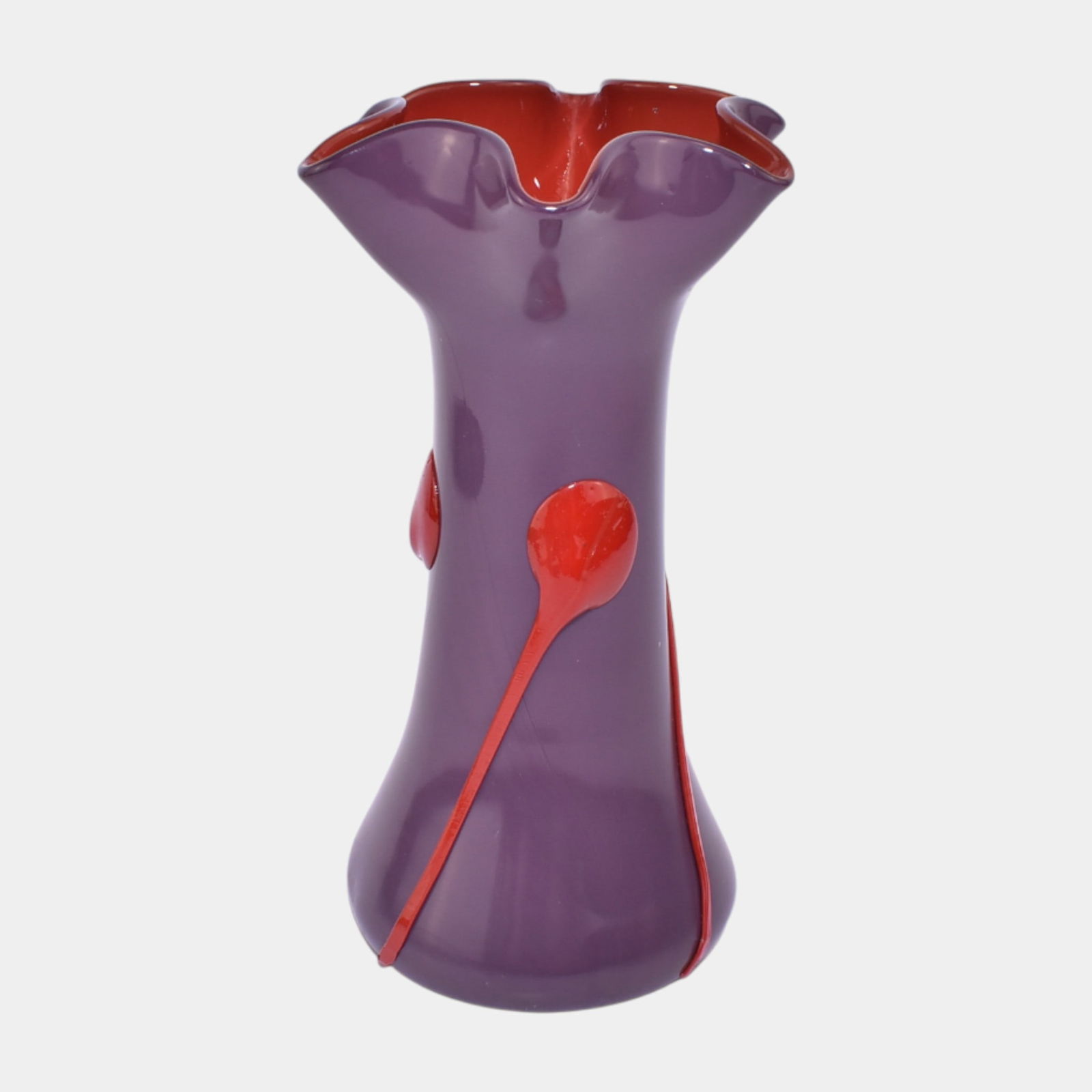 Loetz Bohemian 1920s Purple Red Tango Art Glass Ruffle Rim Applied Tendril Vase: Loetz Bohemian 1920s Purple Red Tango Art Glass Ruffle Rim Applied Tendril Vase Striking Loetz vase featuring a sculptural elongated form with ruffled rim. Rich purple glass is dramatically cased with