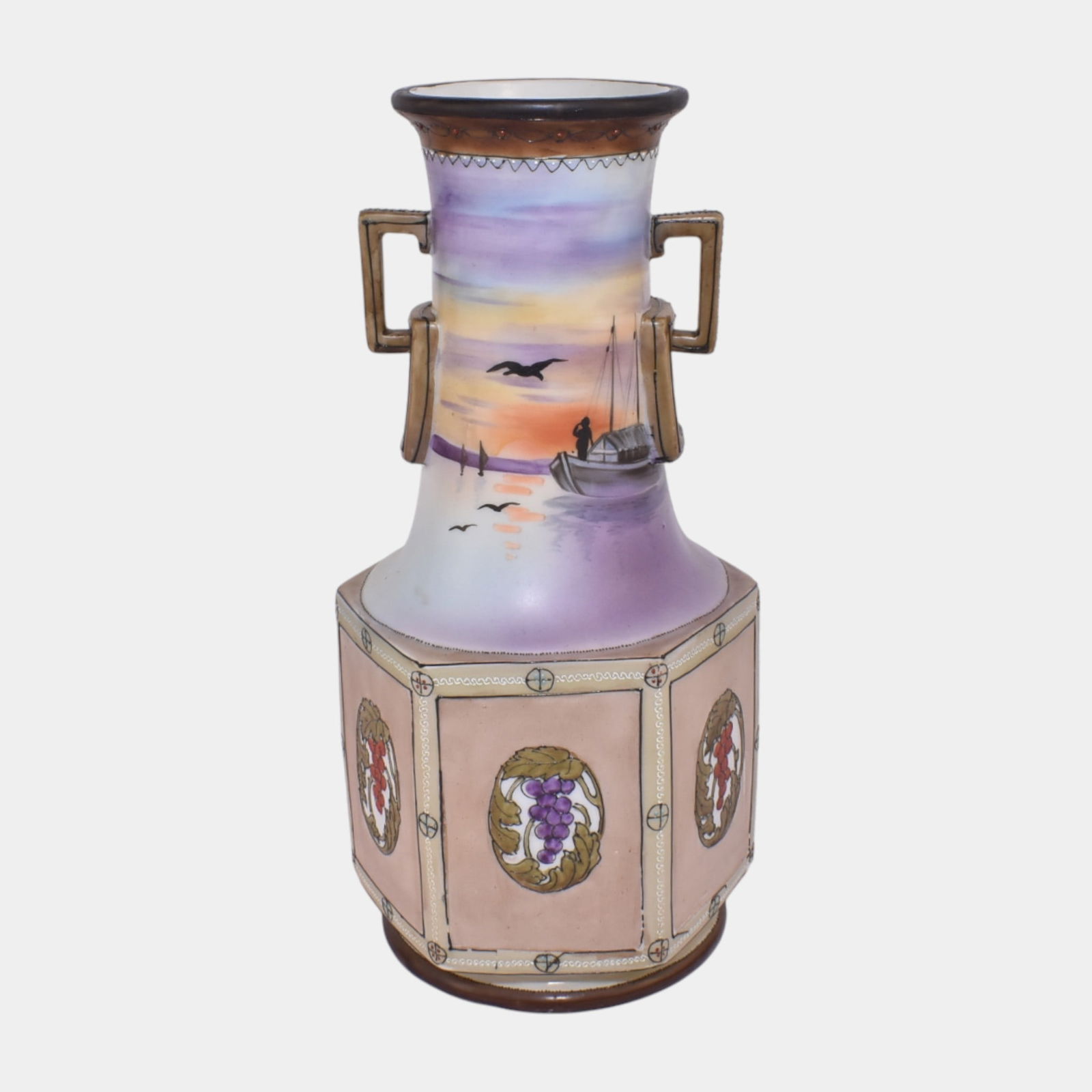 Nippon Tohina E-Oh Japanese Hand Painted Scenic Waterscape Moriage Handled Vase: Nippon Tohina E-Oh Japanese Hand Painted Scenic Waterscape Moriage Handled Vase Lavishly decorated Nippon Tohina E-Oh vase featuring hand-painted waterscape scenes with boats and birds, raised moriage