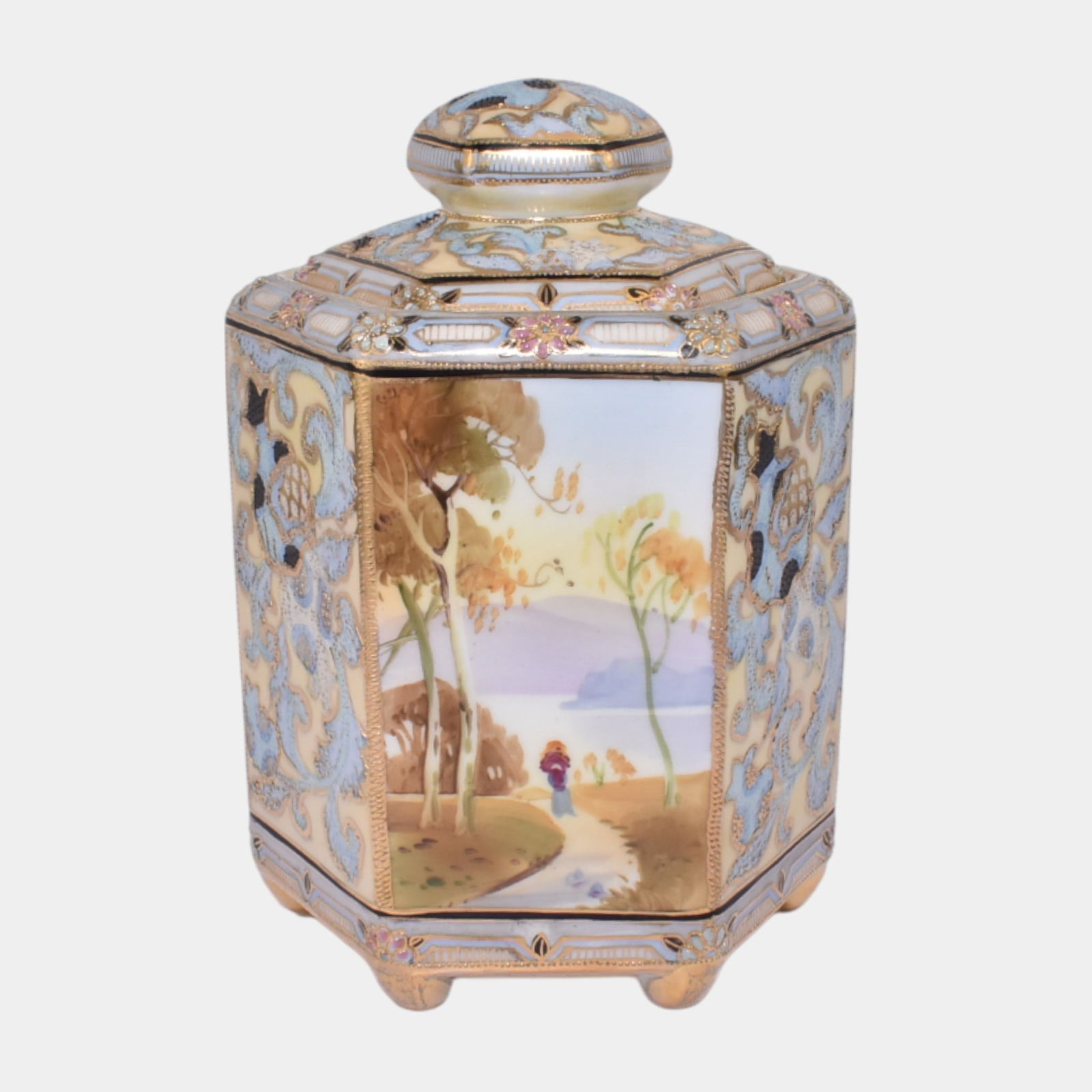 Morimura Brothers Japanese Hand Painted Scenic Panel Footed Lidded Jar (1 of 6)