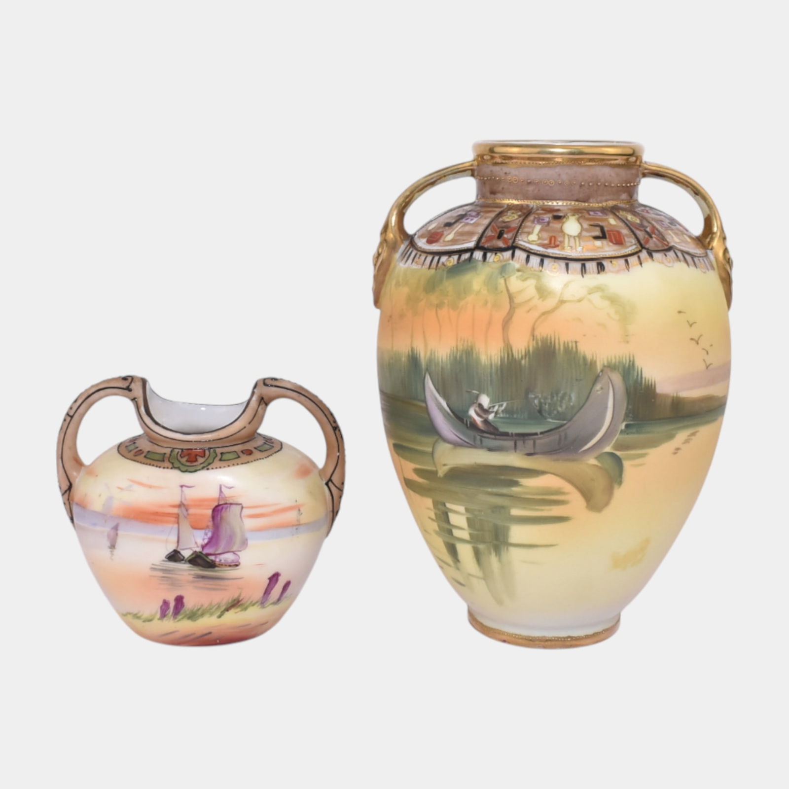 Nippon Morimura Brothers Japanese Hand Painted Scenic Waterscape Handled Vases (1 of 3)