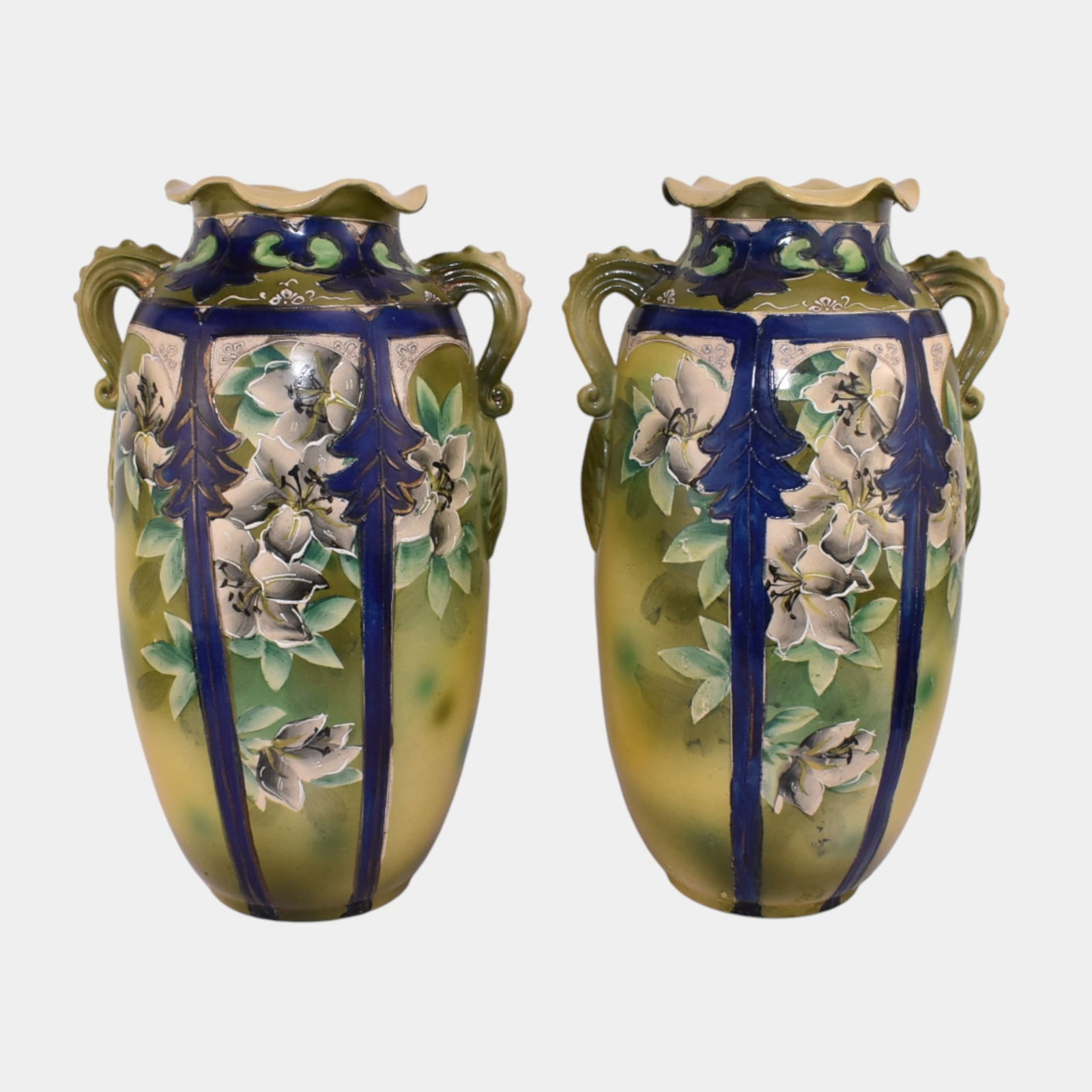 ESO Nippon Japanese Hand Painted Cobalt Blue Floral Paneled Handled Vase Pair: ESO Nippon Japanese Hand Painted Cobalt Blue Floral Paneled Handled Vase Pair Elegant matched pair of early 20th-century Japanese Nippon vases by ESO, featuring rich cobalt blue vertical panels adorne