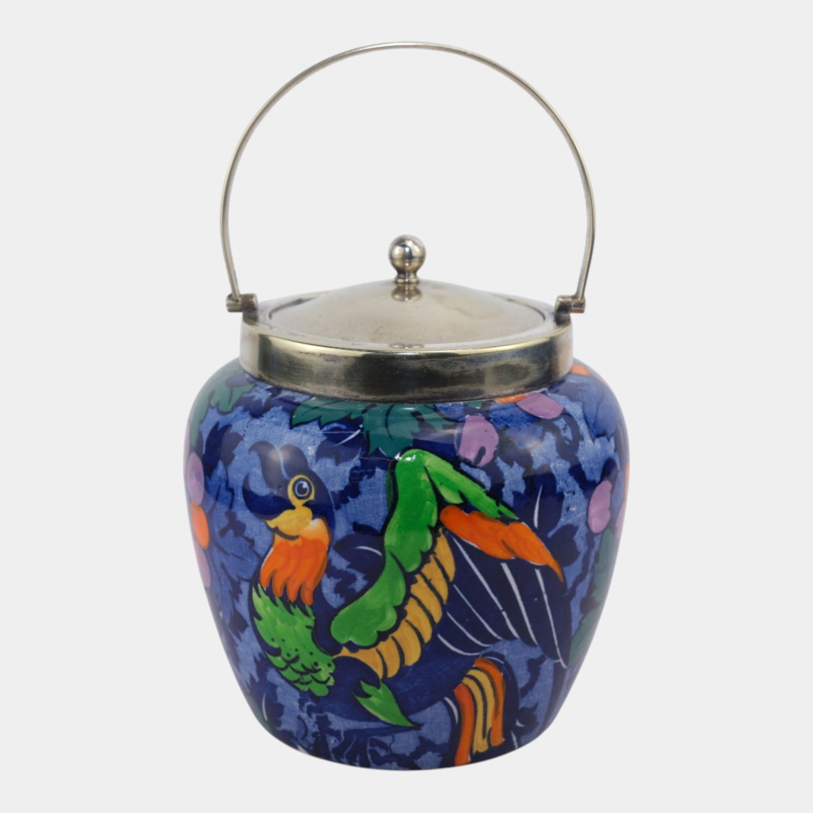 H.H. & C Vintage Art Pottery Red Parrot Art Deco Blue Porcelain Biscuit Jar (1 of 6)