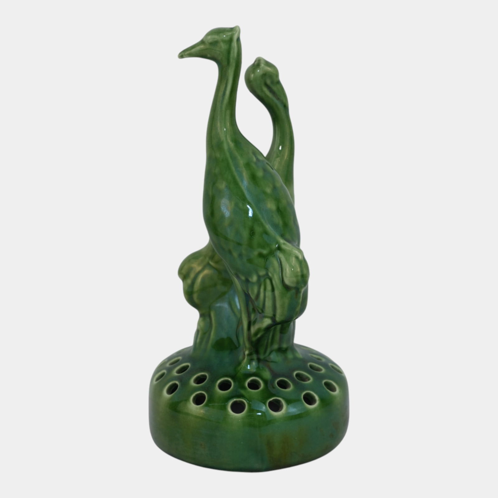 Camark Art Pottery Glossy Green Cranes 10" Tall Figural Flower Frog (1 of 6)