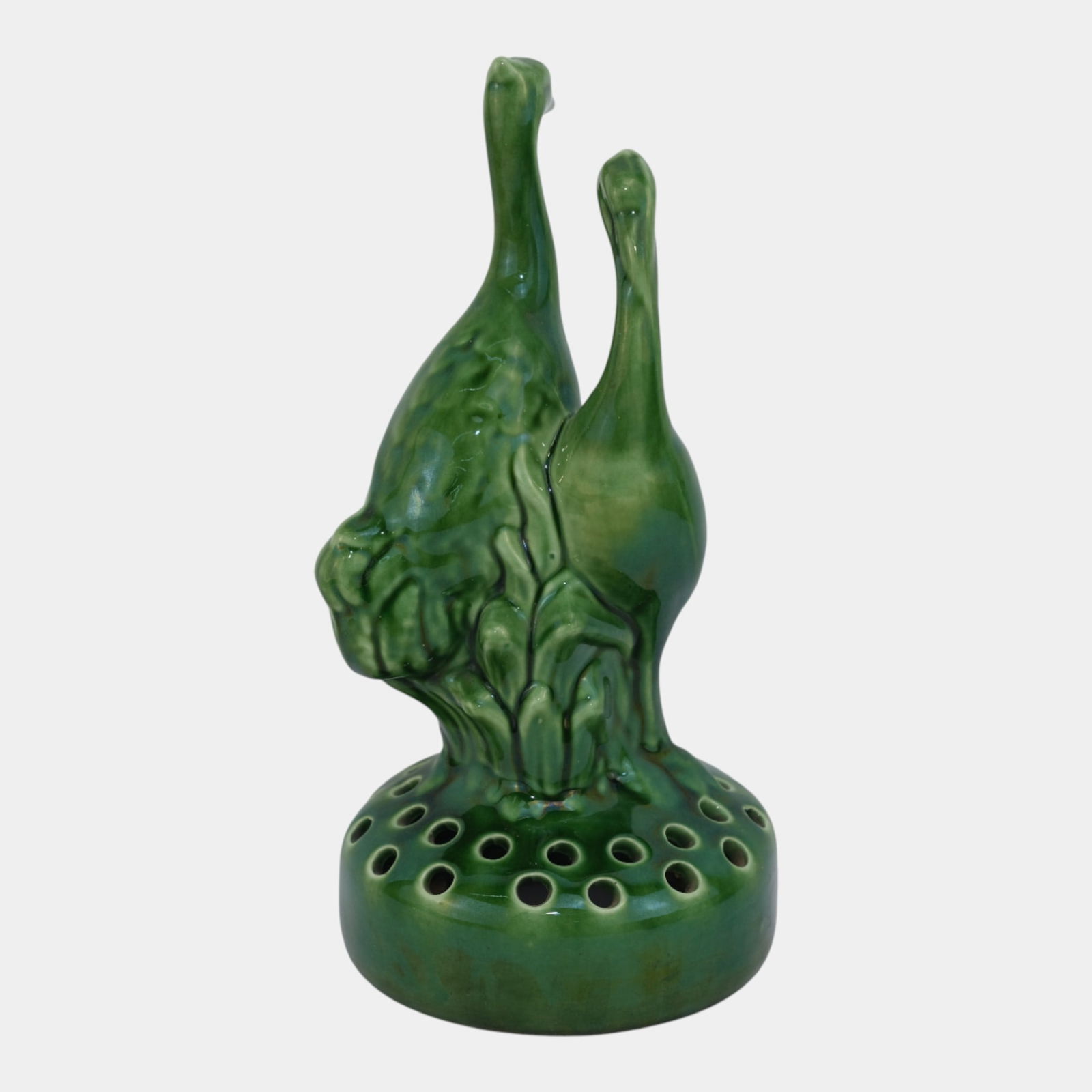 Camark Art Pottery Glossy Green Cranes 10" Tall Figural Flower Frog - 2