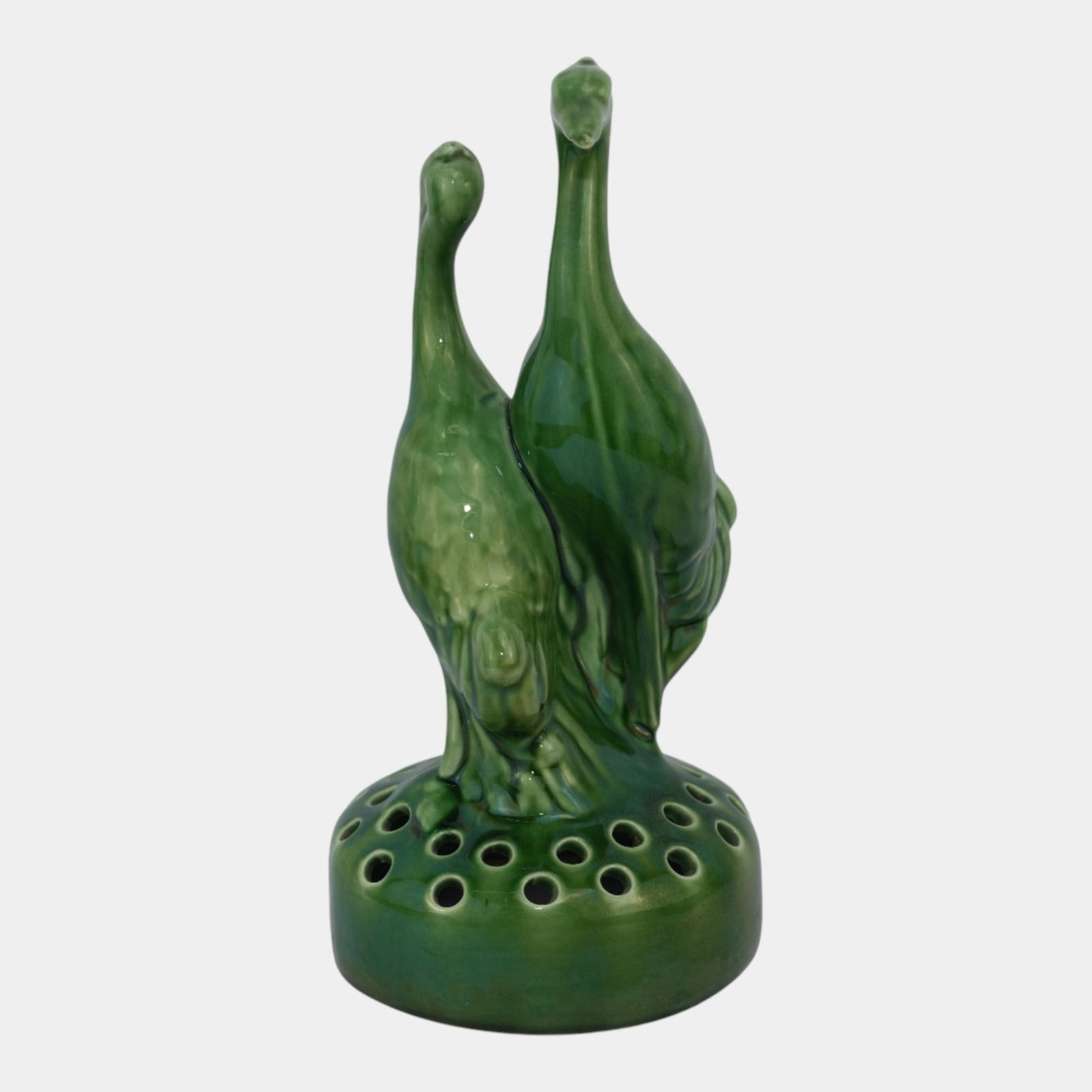Camark Art Pottery Glossy Green Cranes 10" Tall Figural Flower Frog - 4