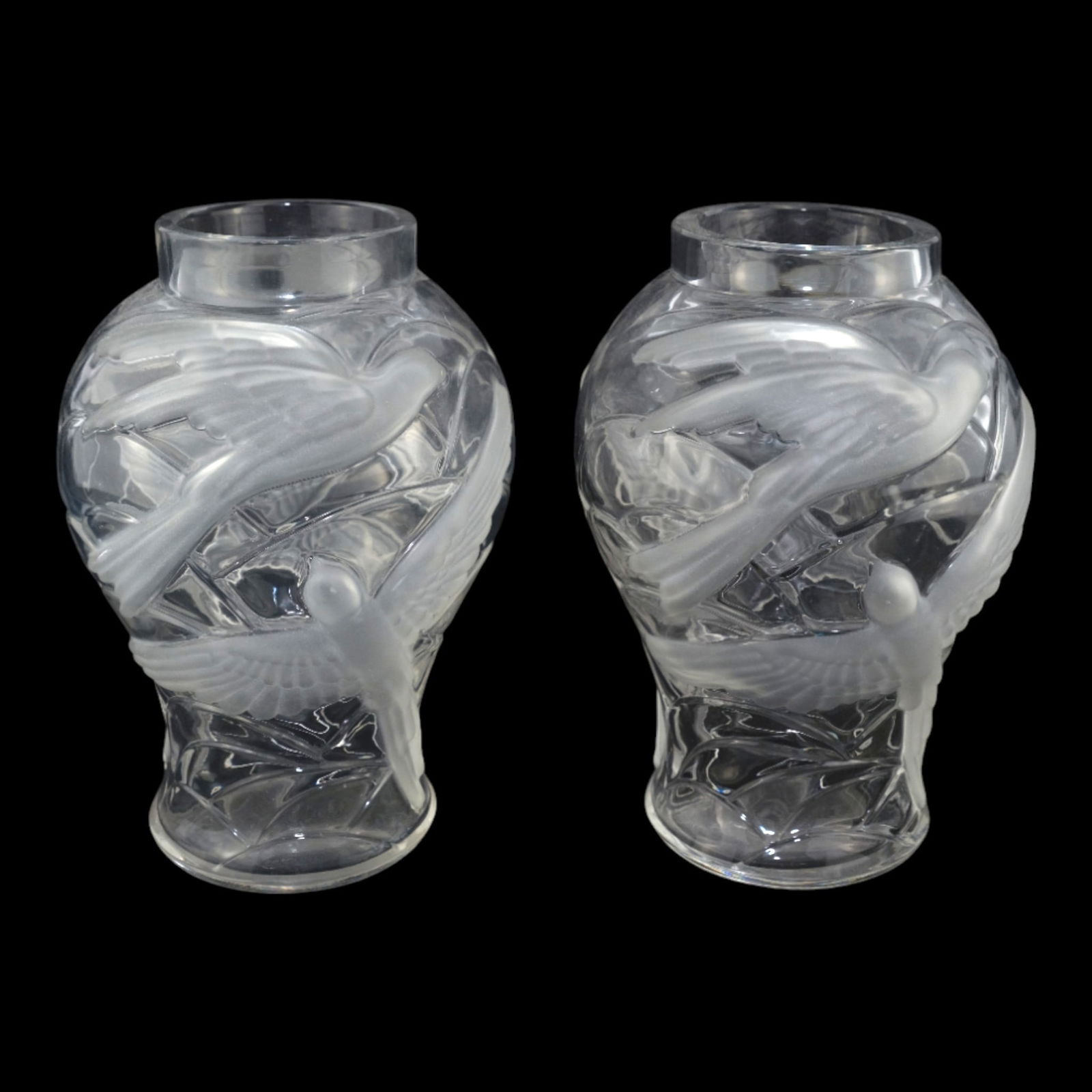 Josef Inwald Czech Clear And Satin Barolac Glass 10" Birds In Flight Vases: Josef Inwald Czech Clear And Satin Barolac Glass 10" Birds In Flight Vases Strikingly sculptural and luminous, these Art Deco Barolac vases feature bulbous baluster forms adorned with swirling satin