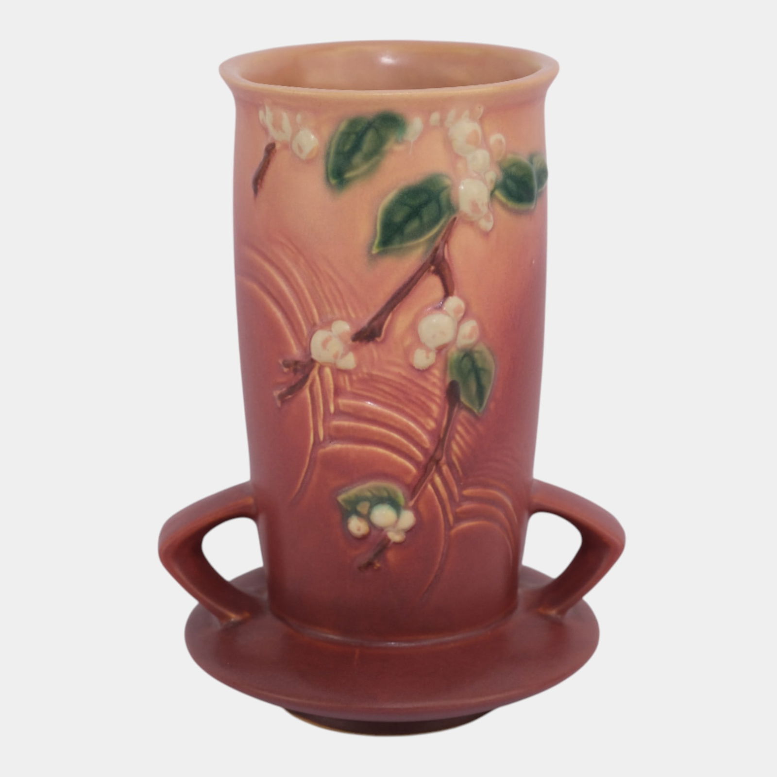 Roseville Snowberry Trial Glaze Pink 1947 Mid Century Modern Pottery Vase 1V1-8: Roseville Snowberry Trial Glaze Pink 1947 Mid Century Modern Pottery Vase 1V1-8 Softly expressive, this Arts & Crafts era Roseville Snowberry trial glaze vase features a handled cylindrical form with