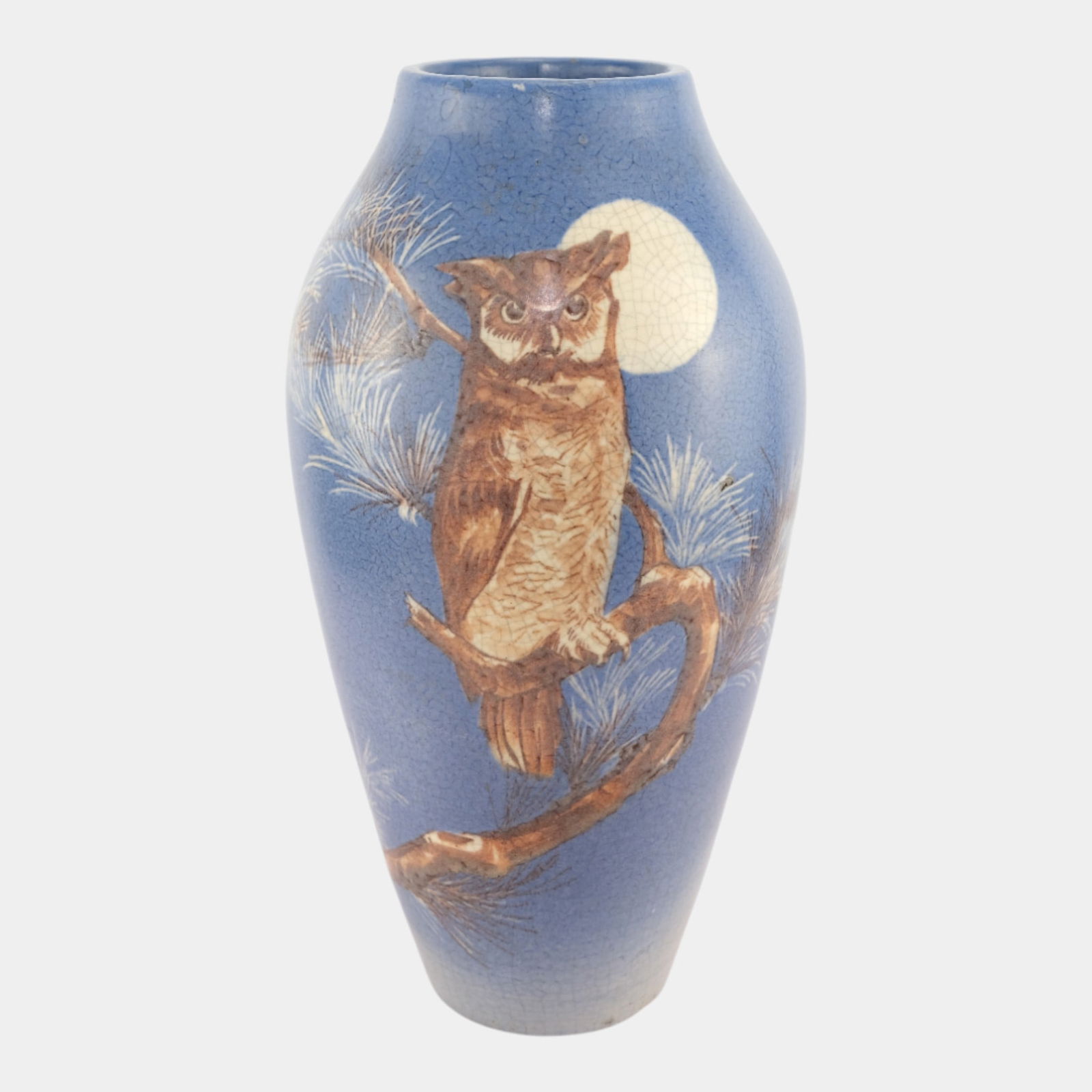 Vintage American Studio Pottery Blue Moonlit Owl Perched On Branch Tall Vase: Vintage American Studio Pottery Blue Moonlit Owl Perched On Branch Tall Vase Strikingly atmospheric and finely painted, this early 20th-century art pottery vase features a moonlit owl perched among