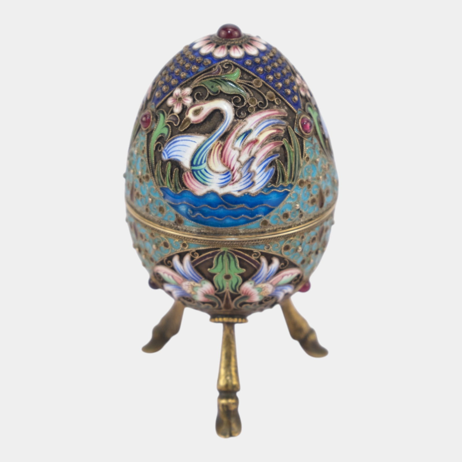 Russian Imperial 84 Silver Enameled Cloisonne Swan Egg Box With Footed Stand: Russian Imperial 84 Silver Enameled Cloisonne Swan Egg Box With Footed Stand Lavishly ornate and jewel-like, this cloisonnÃ© egg features a raised swan motif amid scrolling florals, richly enameled