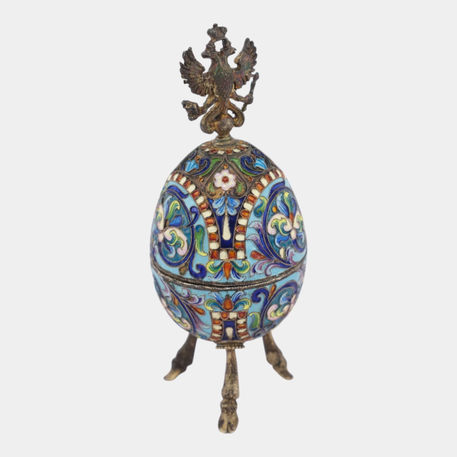 Russian Imperial 88 Silver Enameled Cloisonne Floral Egg Box With Footed Stand: Russian Imperial 88 Silver Enameled Cloisonne Floral Egg Box With Footed Stand Lavishly ornate and imperial in character, this Russian cloisonnÃ© egg features vivid blue, green, and white enamel