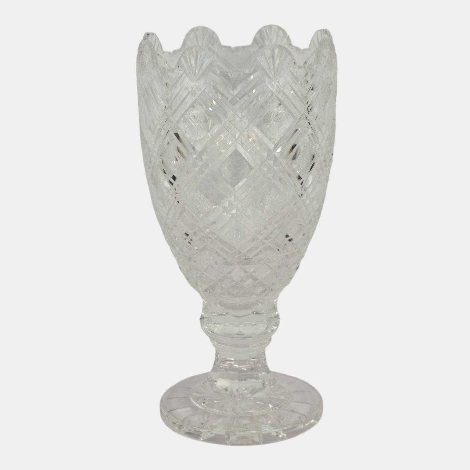 Waterford Irish Cut Clear Crystal 13" Tall Scalloped Rim Footed Vase: Waterford Irish Cut Clear Crystal 13" Tall Scalloped Rim Footed Vase Brilliantly cut and classically elegant, this Waterford vase features a tall footed form with deeply cut diamond and crosshatch