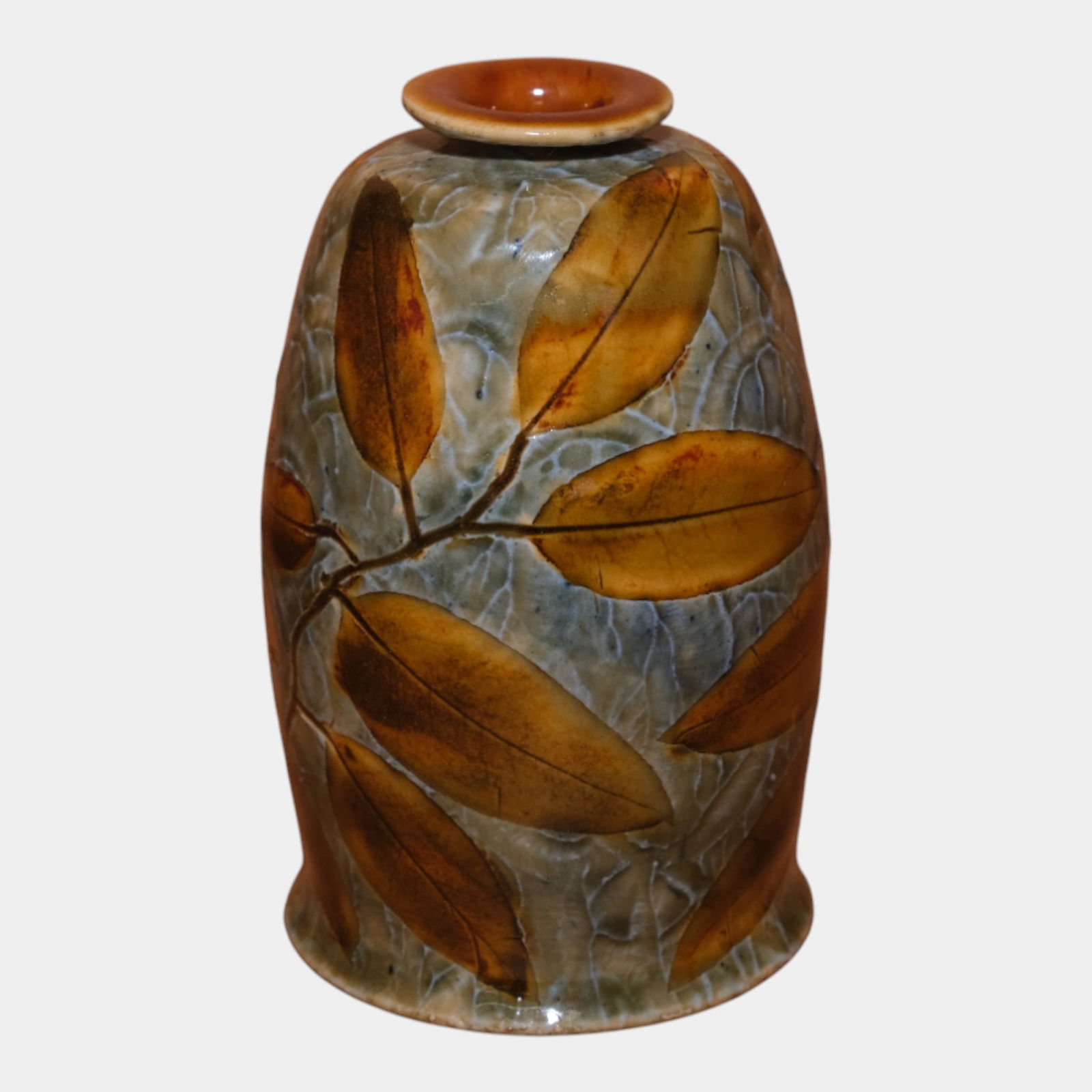 Royal Doulton English Art Pottery Brown Natural Foliage Ceramic Vase: Royal Doulton English Art Pottery Brown Natural Foliage Ceramic Vase Excellent condition. No chips, cracks, damage or repair of any kind. Vase is 4 1/2" tall and 2 3/4" wide.