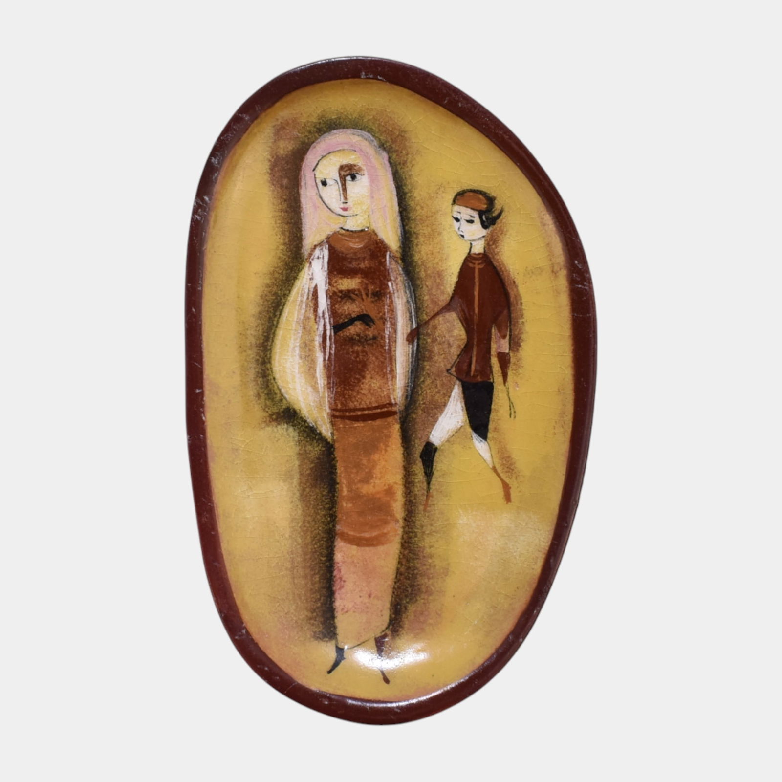 Pillin Studio Mid Century Modern Art Pottery Yellow Brown Ceramic Women Tray: Pillin Studio Mid Century Modern Art Pottery Yellow Brown Ceramic Women Tray Expressively stylized and warmly toned, this mid-century modern Pillin plaque features elongated figural forms rendered in