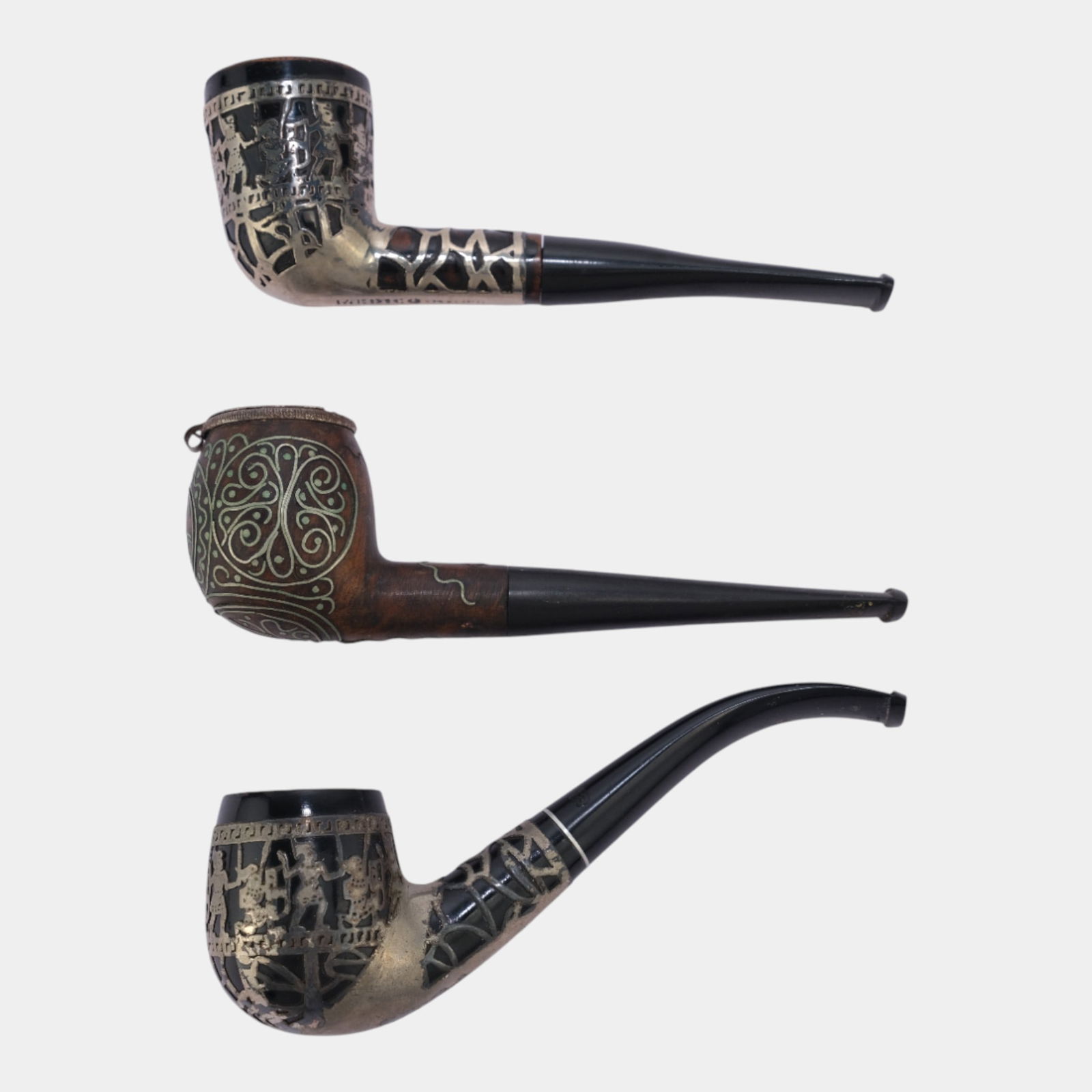 Medico Aztek Sterling Silver Filigree Smoking Pipes & Other Metal Decorated Pipe: Medico Aztek Sterling Silver Filigree Smoking Pipes & Other Metal Decorated Pipe Strikingly graphic and boldly styled, this Mid-Century Modern Medico Aztek pipe group features classic briar forms
