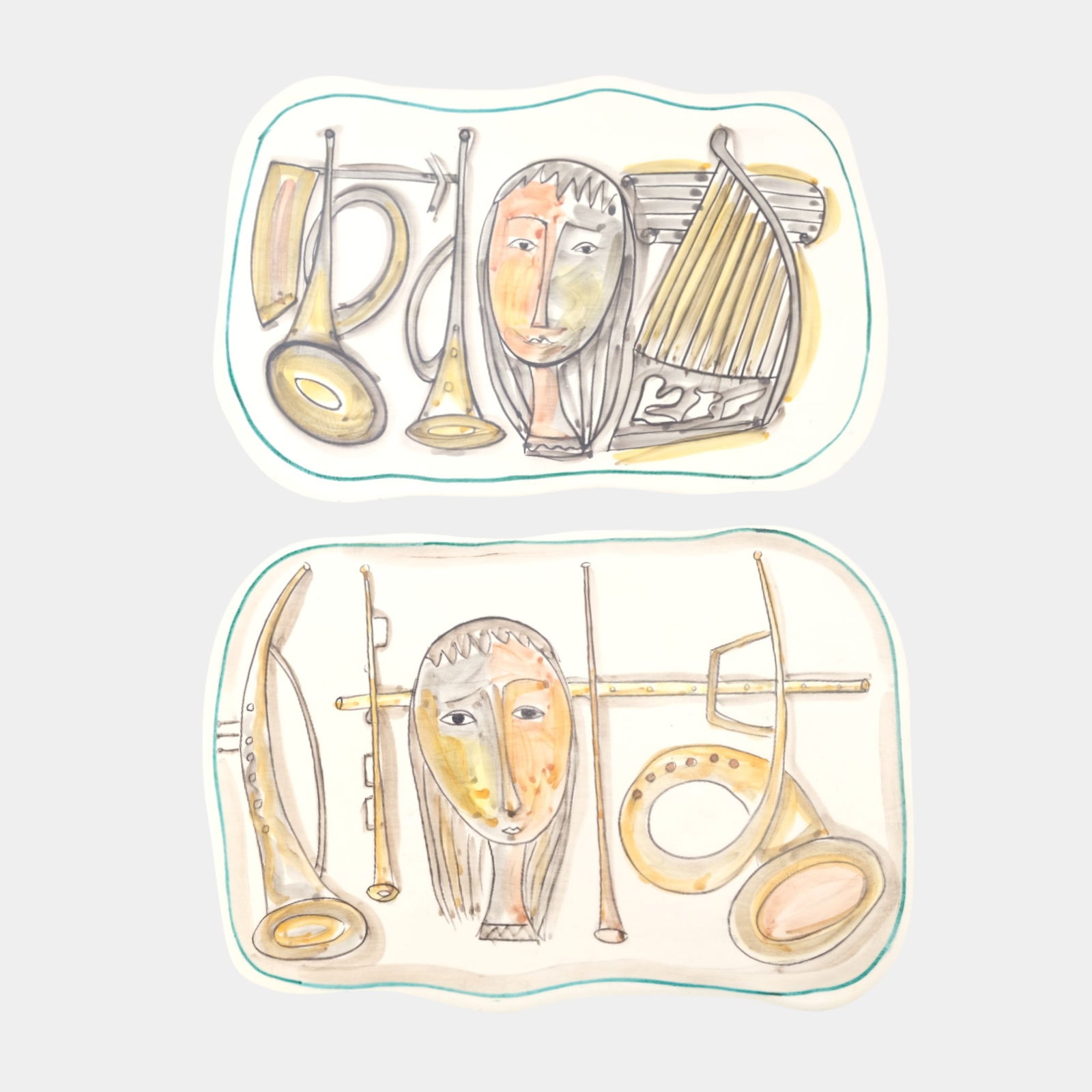 Mid Century Modern Italian Woman With Musical Instruments Ceramic Wall Plaques: Mid Century Modern Italian Woman With Musical Instruments Ceramic Wall Plaques Stylishly whimsical and distinctly modernist, this mid-century Italian plaque pair features abstract faces surrounded