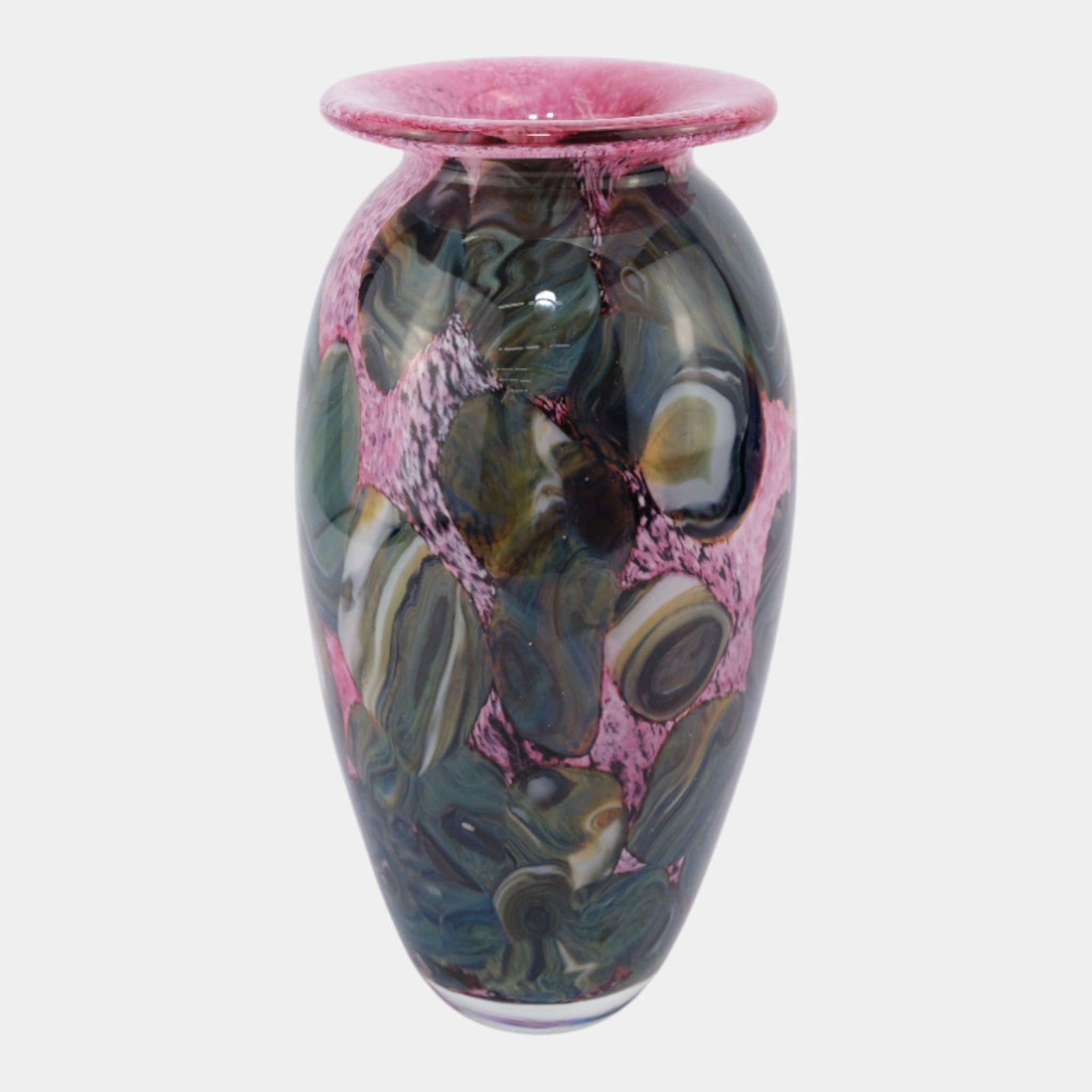 Robert Eickholt 2007 Green Gold Purple Agate Swirl Design Art Glass Vase: Robert Eickholt 2007 Green Gold Purple Agate Swirl Design Art Glass Vase Vividly expressive and richly layered, this contemporary studio art glass vase by Robert Eickholt features a tall ovoid form
