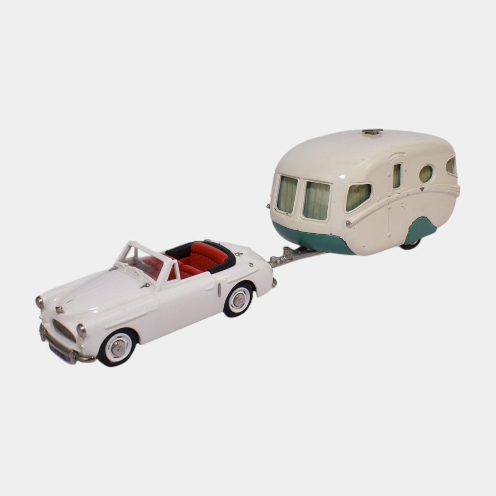 Brooklin Landsdowne White Diecast 1952 Austin A40 Willberby Vouge Trailer: Brooklin Landsdowne White Diecast 1952 Austin A40 Willberby Vouge Trailer Elegant Brooklin Landsdowne die-cast set featuring a classic white convertible with red interior towing a vintage-style teal