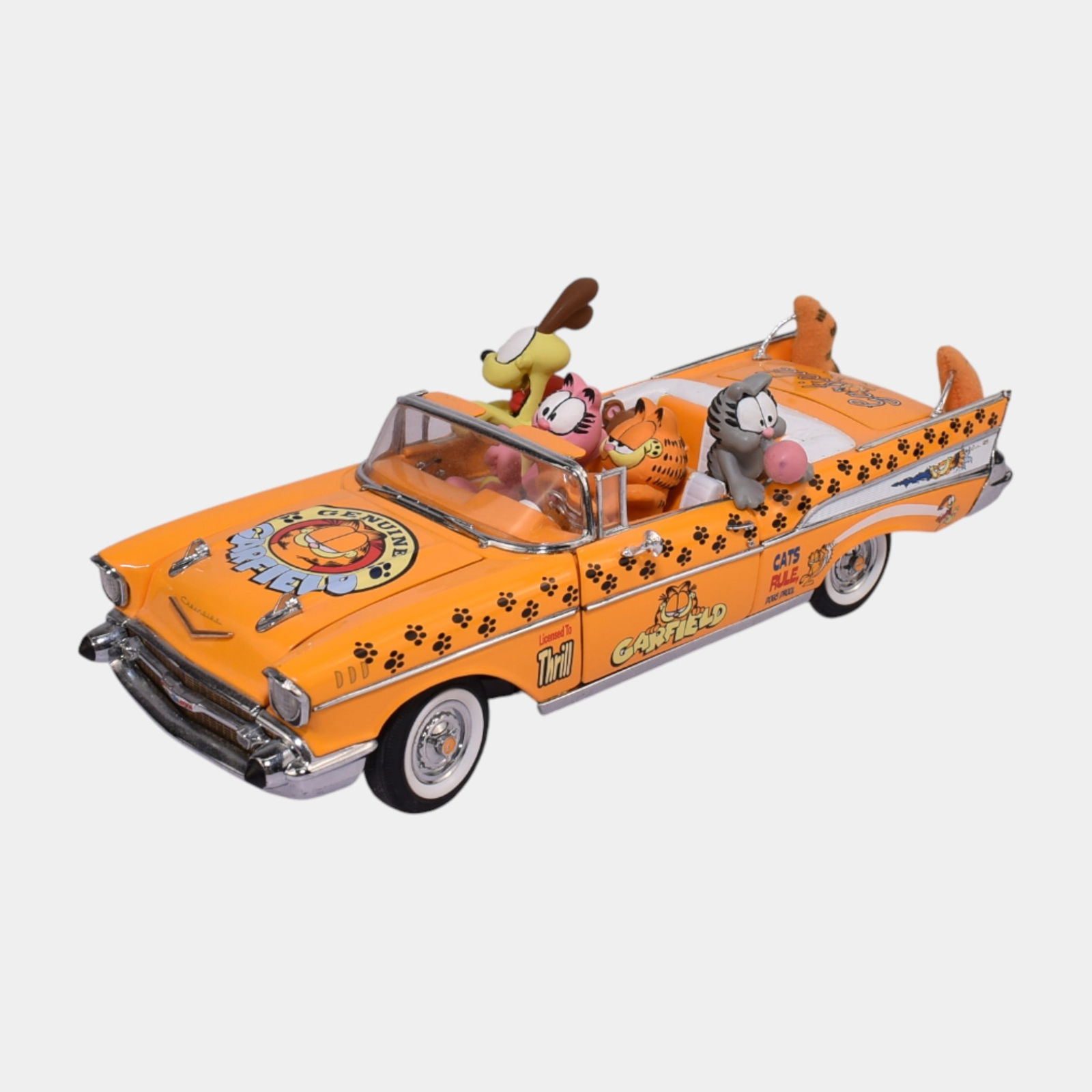 Danbury Mint Orange Garfield 1957 Chevy Convertible Parade Car Diecast: Danbury Mint Orange Garfield 1957 Chevy Convertible Parade Car Diecast Playful Danbury Mint die-cast Garfield convertible featuring Garfield, Odie, and Arlene cruising in a bright orange