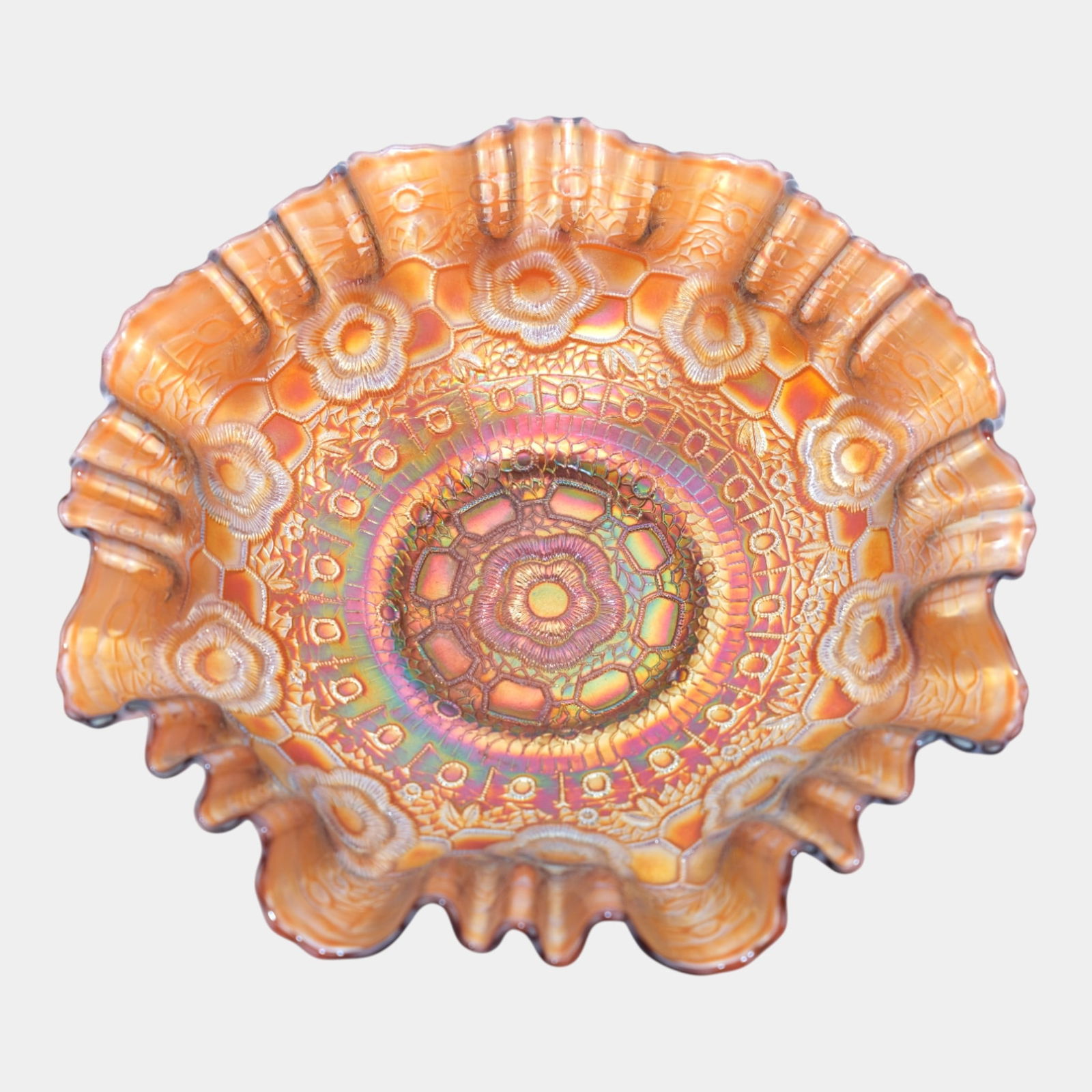 Fenton 1910s Marigold Iridescent Captive Rose Carnival Glass Ruffle Rim Bowl: Fenton 1910s Marigold Iridescent Captive Rose Carnival Glass Ruffle Rim Bowl Brilliantly iridescent Fenton Captive Rose bowl in rich marigold, featuring a deeply patterned center, ornate geometric pan