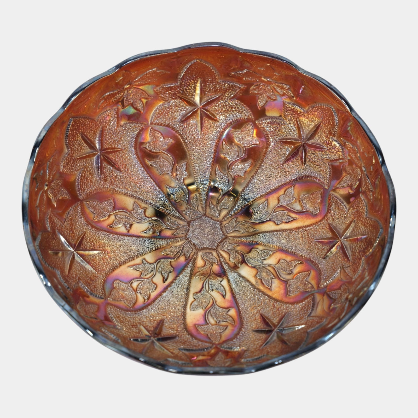 Millersburg 1910s "Little Stars" Amethyst Carnival Glass Gold Scalloped Rim Bowl: Millersburg 1910s "Little Stars" Amethyst Carnival Glass Gold Scalloped Rim Bowl Richly iridescent Millersburg Little Stars bowl in warm amethyst, featuring crisp star and scroll motifs with a deeply