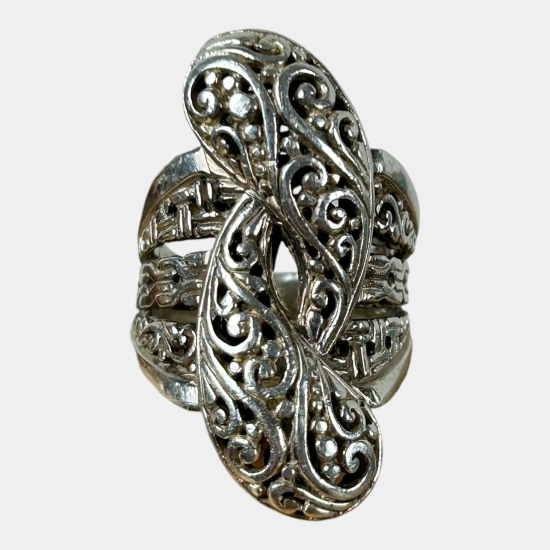 Sterling Silver 925 Ornate Scrolling Filigree Crossover Ring Size 6.5 (1 of 3)