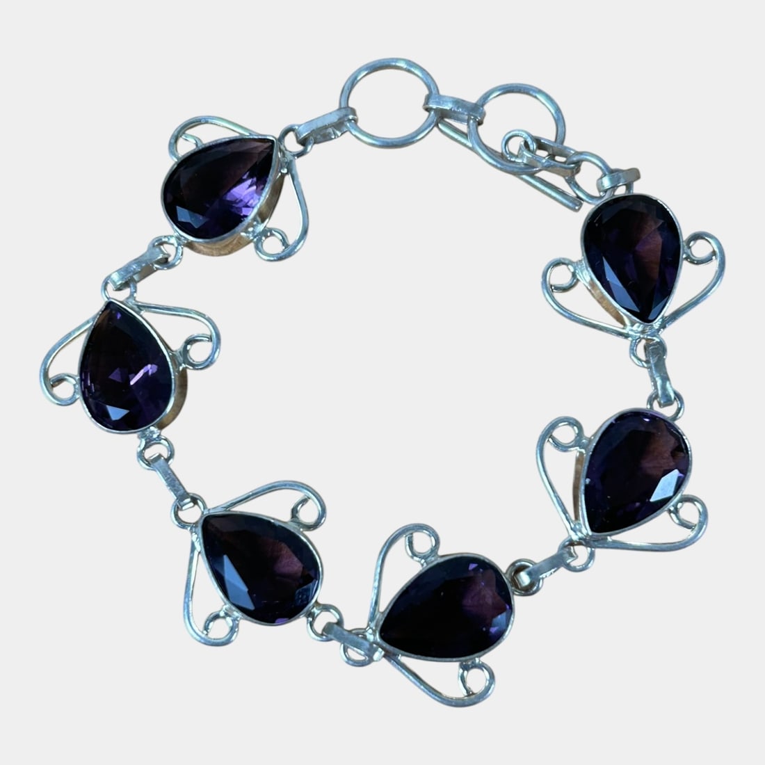Sterling Silver 925 Faceted Teardrop Amethyst Link Modernist Bracelet 8" Long (1 of 3)