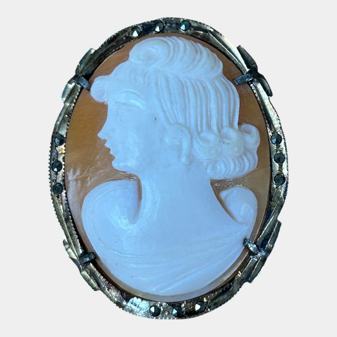 Victorian Shell Cameo Portrait Brooch In Rhinestone Accented 800 Silver Mount (1 of 2)