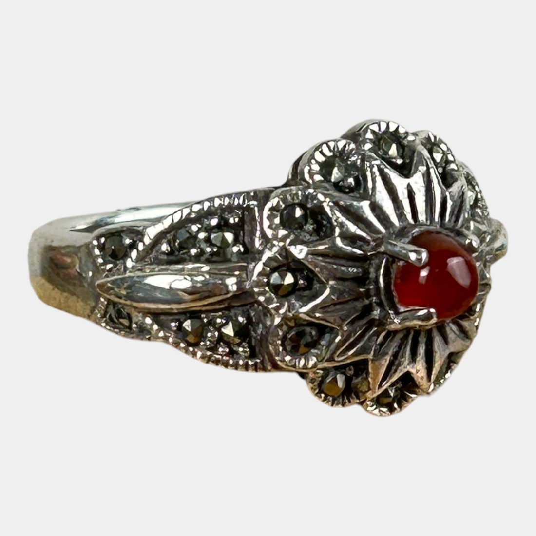 Sterling Silver 925 Art Deco Marcasite & Carnelian Ring Size 9.25 (1 of 4)
