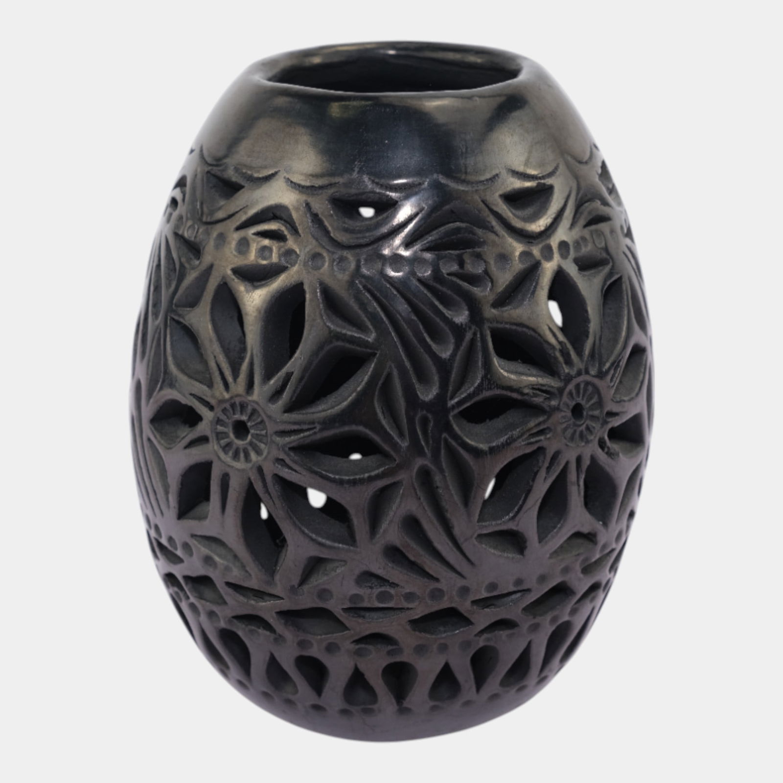 Dona Rosa Mexican Pottery Oaxaca Folk Art Carved Pierced Floral Blackware Vase (1 of 5)