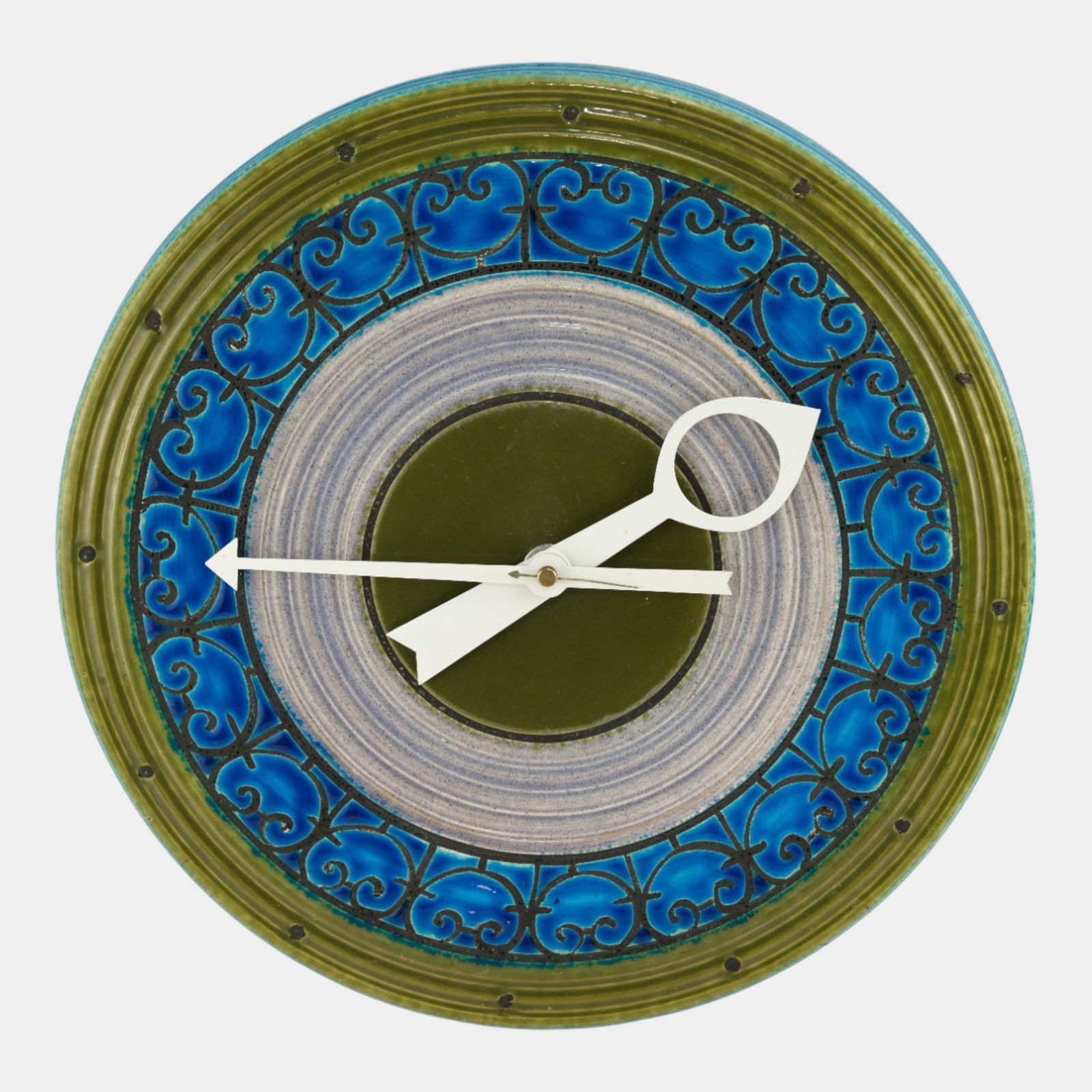 Bitossi & Howard Miller For Raymor Green Blue Mid Century Art Pottery Clock 7574: Bitossi & Howard Miller For Raymor Green Blue Mid Century Art Pottery Clock 7574 Boldly graphic and distinctly modern, this Mid Century Modern Bitossi clock for Raymor features a circular ceramic form