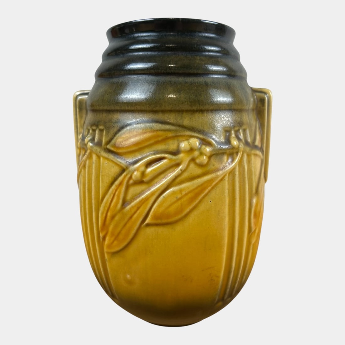 Roseville Pottery Trial Glaze Laurel 1934 Arts And Crafts Vase 670-7: Roseville Pottery Trial Glaze Laurel 1934 Arts And Crafts Vase 670-7 Richly experimental and visually striking, this 1934 Roseville Laurel trial glaze vase features a tall shouldered form with stylize