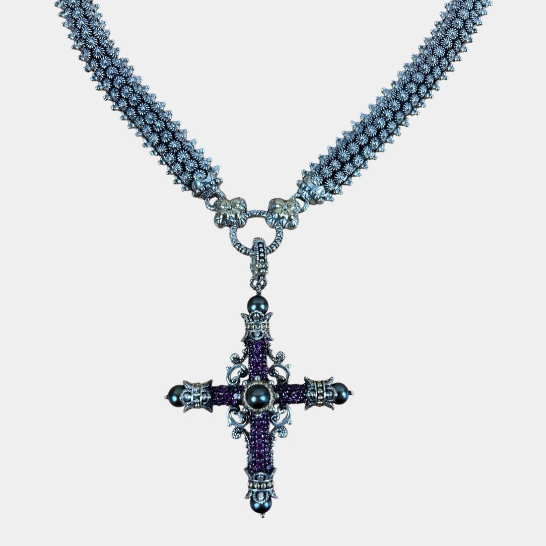 Barbara Bixby 18K Gold & Sterling Silver Chain And Pendent Garnets Black Pearls: Exquisitely detailed and luxuriously devotional, this Barbara Bixby cross pendant is crafted in sterling silver and 18K yellow gold, featuring pavÃ©-set rhodolite gemstones accented by five black fr
