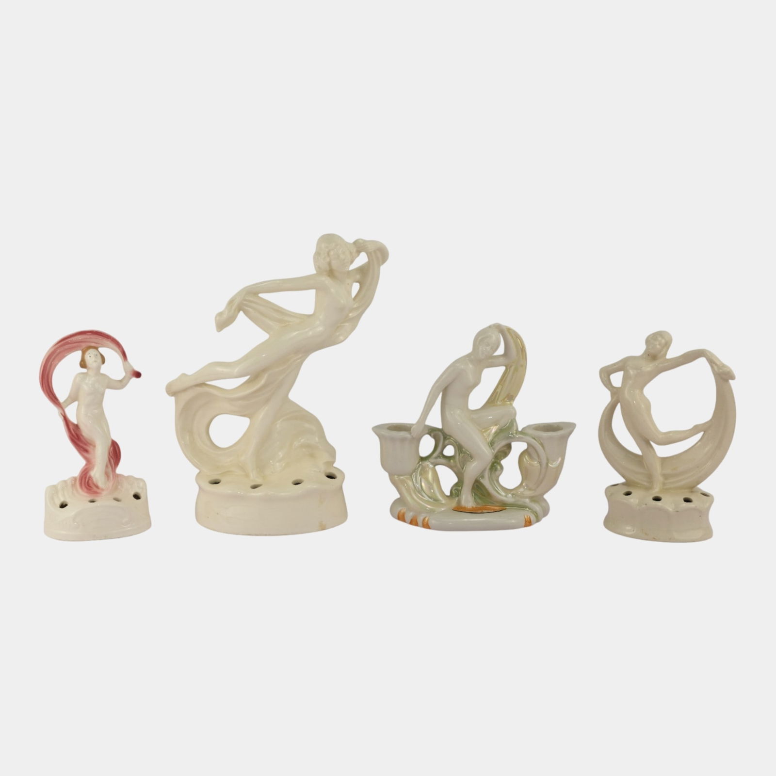European Art Deco Porcelain White Nude Scarf Dancers Flower Frog Figurines (1 of 5)