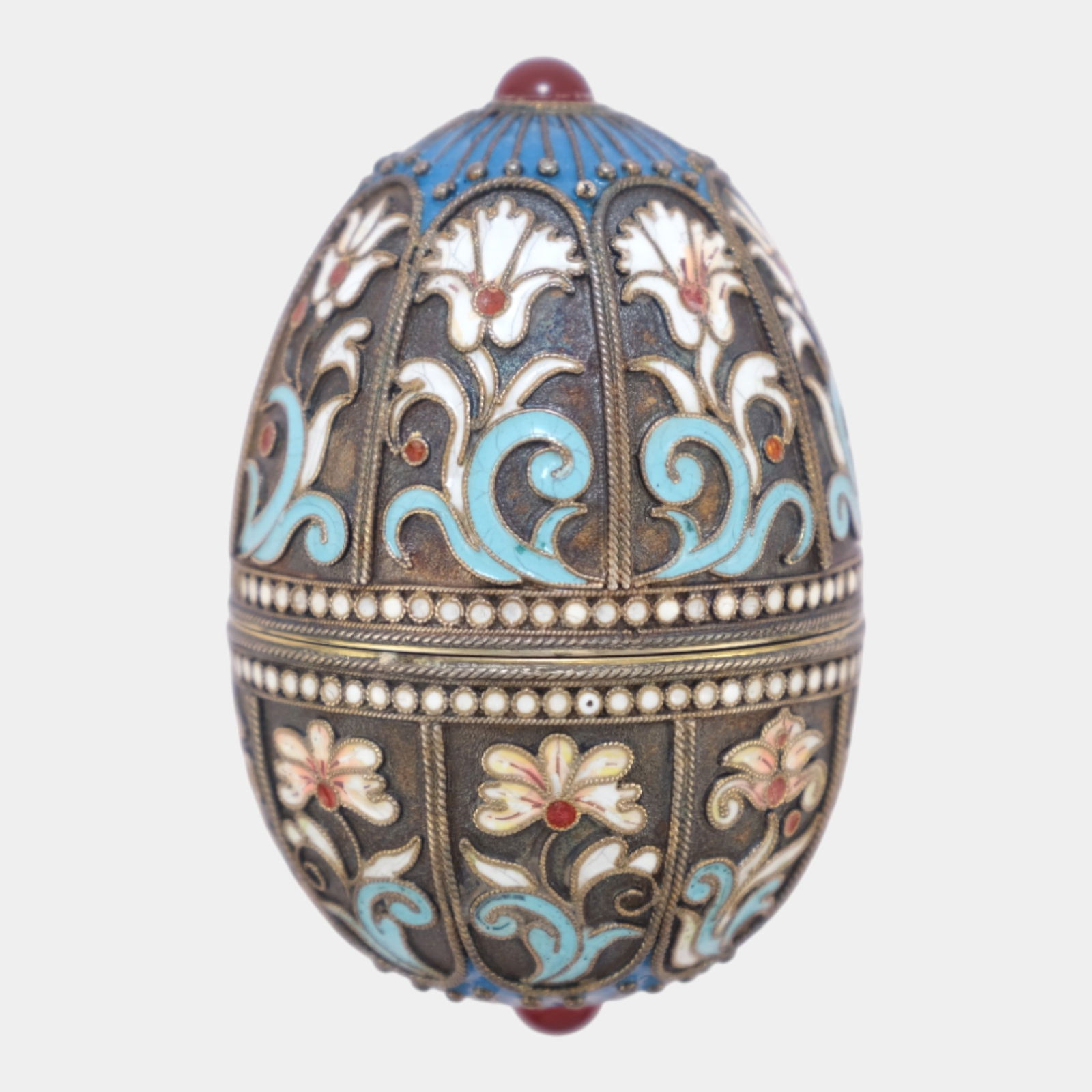 Antip Kuzmichev Late 19th C Russian Imperial 88 Silver Floral Cloisonne Egg: Antip Kuzmichev Late 19th C Russian Imperial 88 Silver Floral Cloisonne Egg Lavishly ornamental and richly detailed, this decorative egg features a classic ovoid form adorned with intricate enameled f
