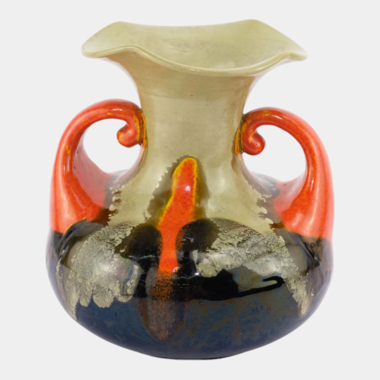 Awaji Japanese Art Pottery Flowing Green Over Blue Glaze Curled Handle Vase (1 of 4)