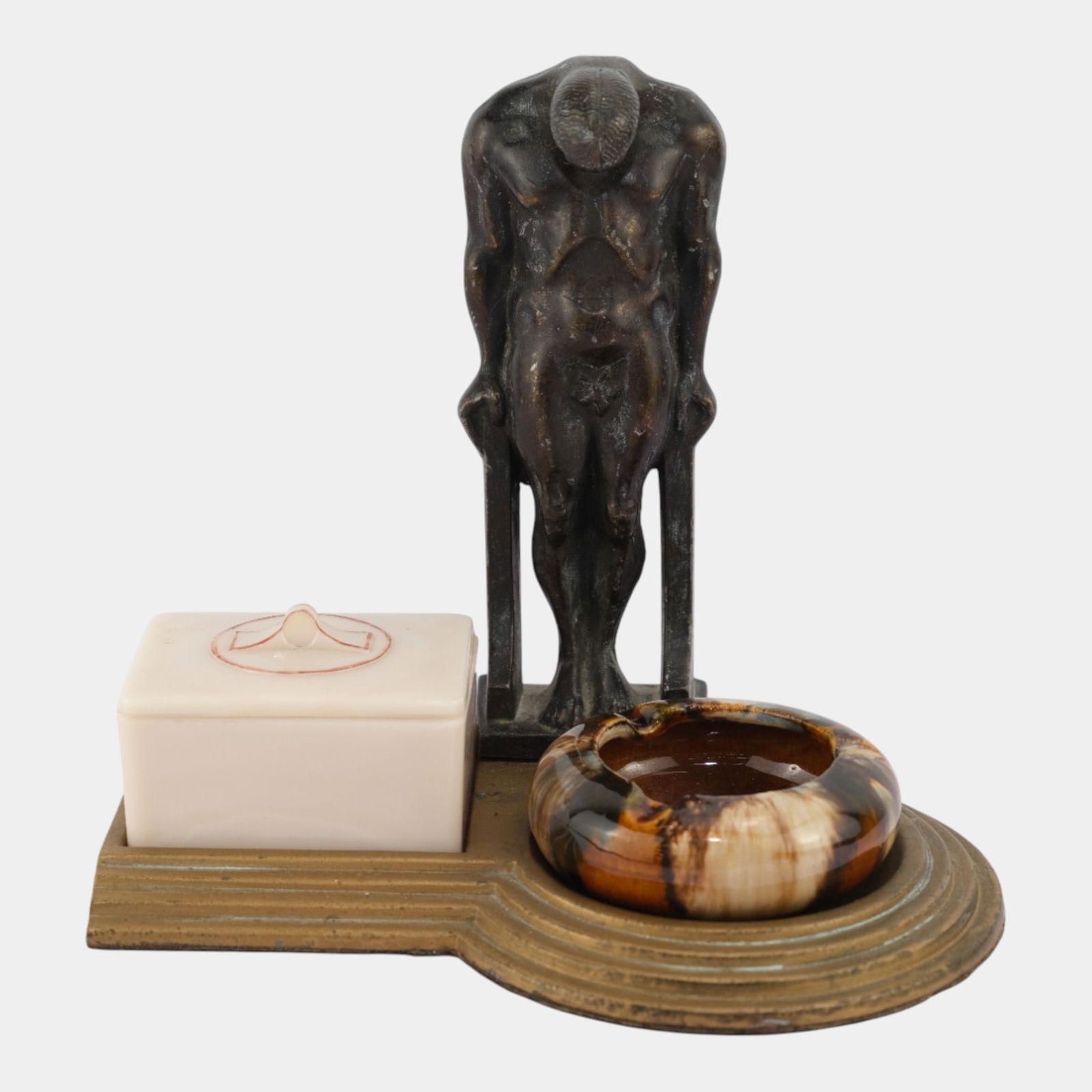 Oscar Bach 1920s Art Deco Bronze Nude Male Figure With McCoy Onyx Glaze Ash Tray: Oscar Bach 1920s Art Deco Bronze Nude Male Figure With McCoy Onyx Glaze Ash Tray 1920s Oscar Bach heavy bronze nude male figure originally titled "Sentinel Men". Vintage same era as Frankart & Nuart p